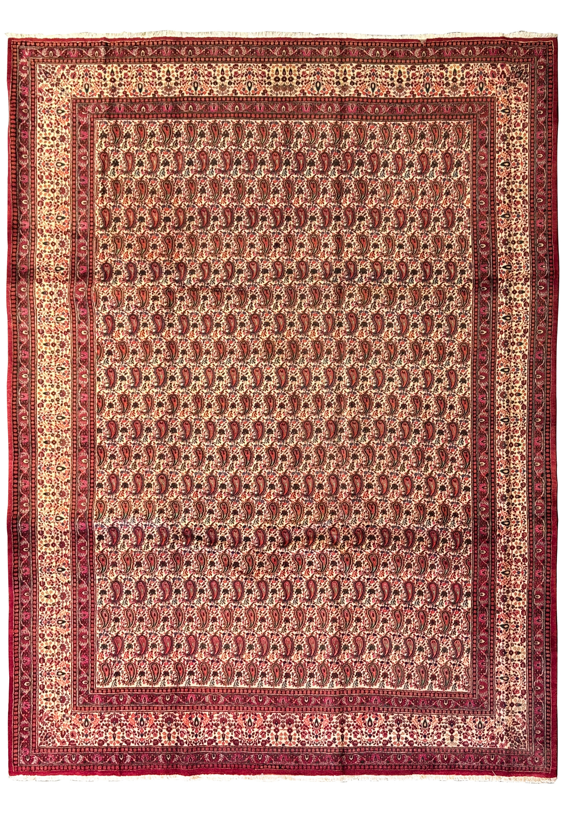 Full view of a 10x14 Persian Moud Rug on a flat surface, highlighting the symmetrical arrangement of traditional motifs and the harmonious blend of colors in the dense pattern work.