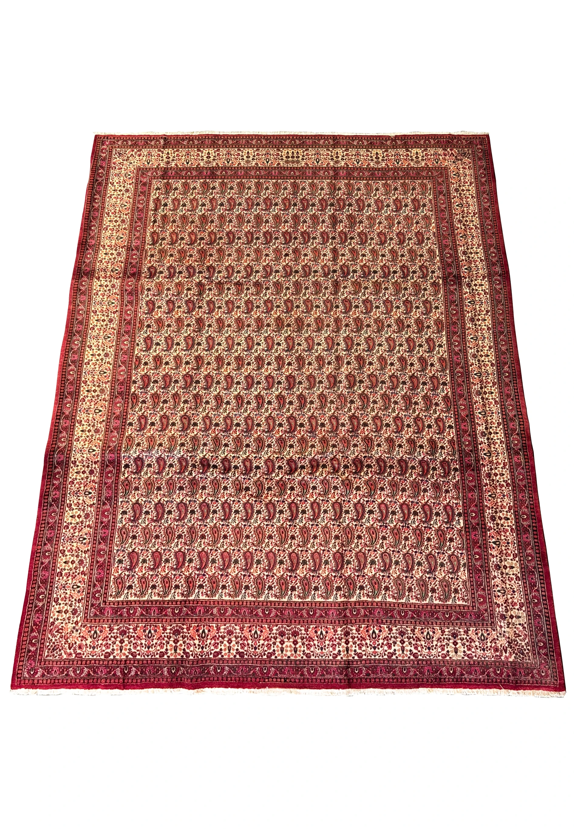 Overhead view of a Persian Moud Rug laid flat, showcasing intricate Herati patterns with a rich red and blue color palette on a cream background, bordered by detailed ornamental designs