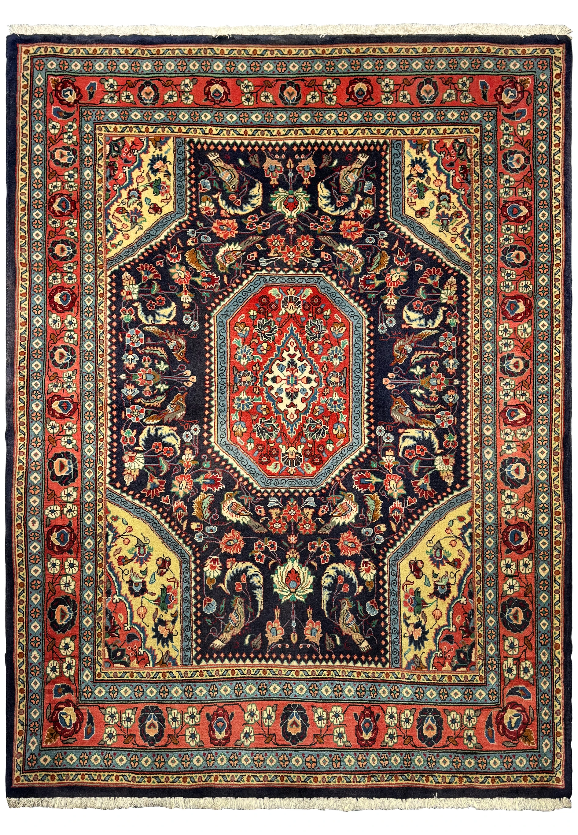 Full view of the Persian Bidjar Rug highlighting the detailed central medallion and elaborate floral designs on a deep navy background.