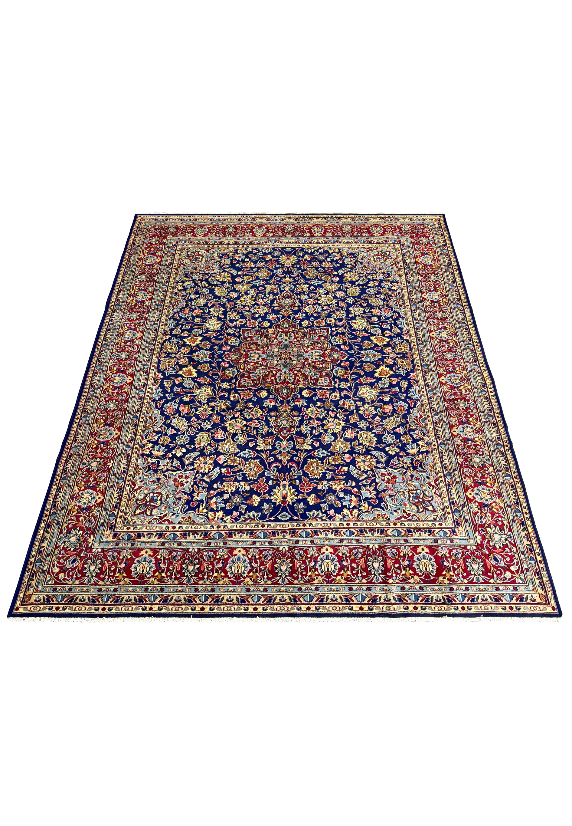 Full view of a 10 x 13'6 Persian Kerman Rug, highlighting the central medallion and the surrounding floral designs, reflecting high-quality craftsmanship and a rare, intricate design