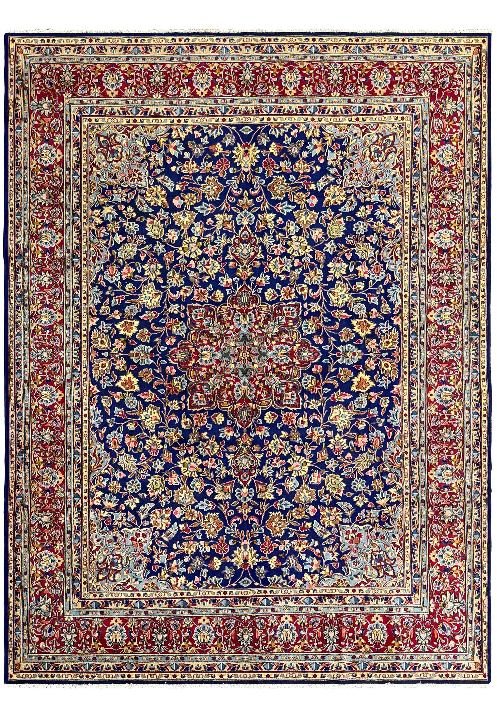 Detailed view of a 10 x 13'6 Persian Kerman Rug, approximately 50 years old, showcasing its intricate floral pattern and vibrant colors, in like-new condition, never used