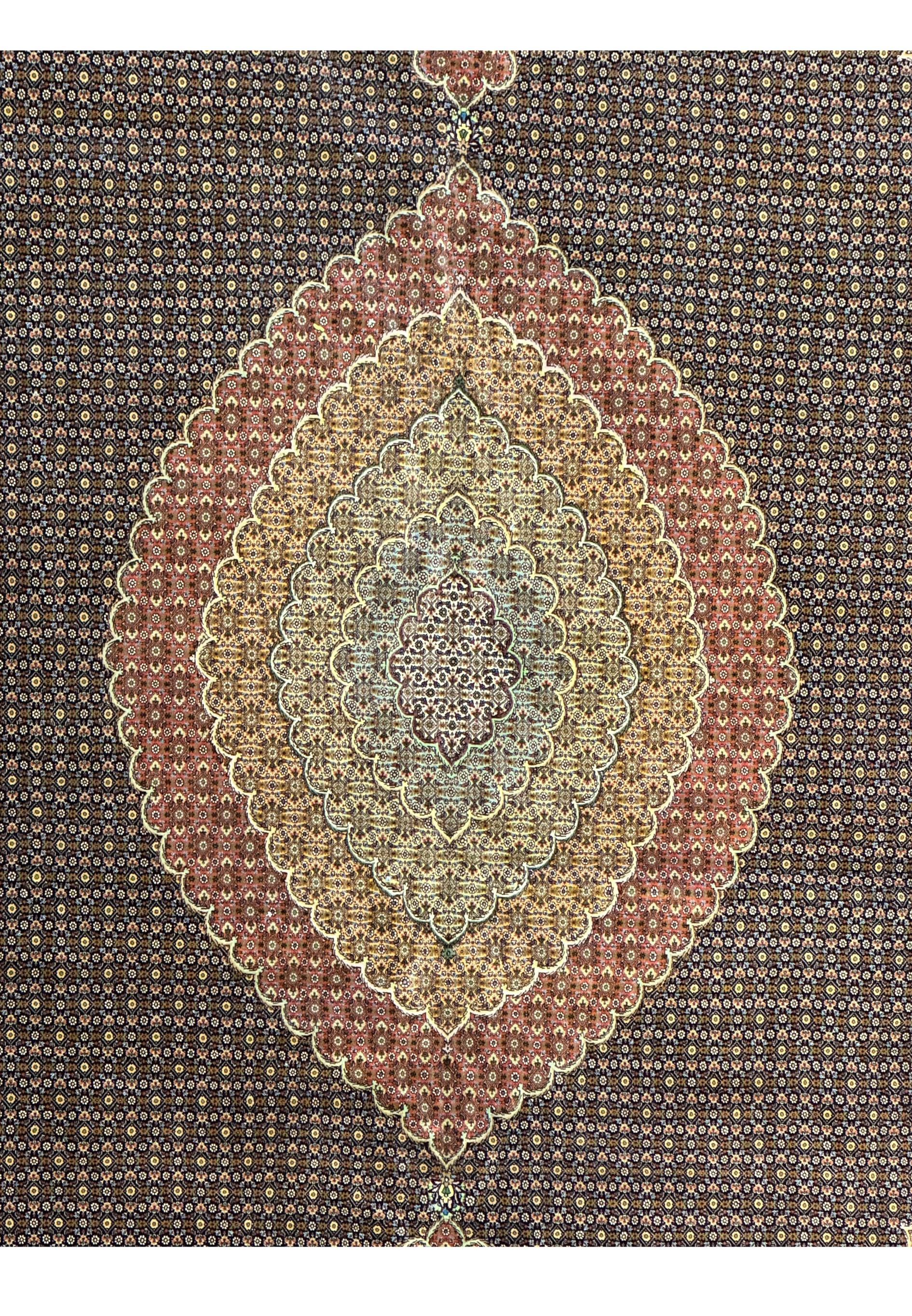 Central field of a 11'7 x 16'6 Persian Tabriz Mahi rug, showing the fine craftsmanship and detailed design