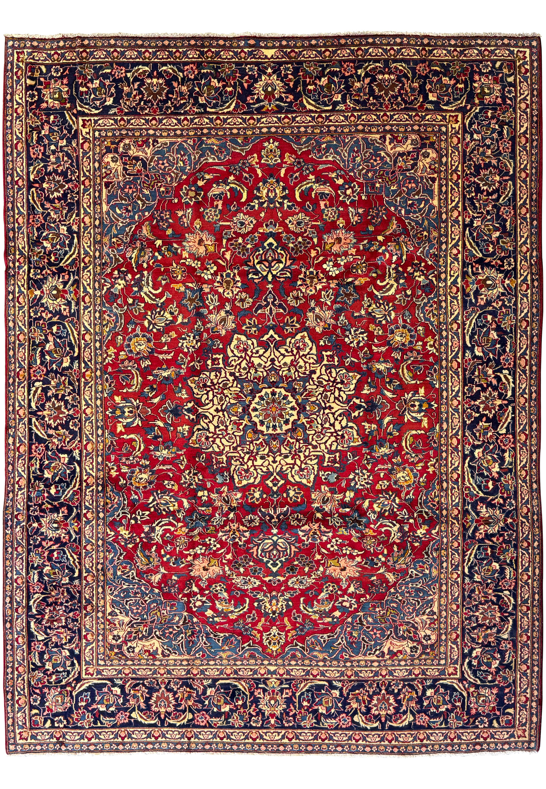 9'11 x 12'11 Persian Isfahan Rug with a vibrant red background and intricate navy blue floral patterns.