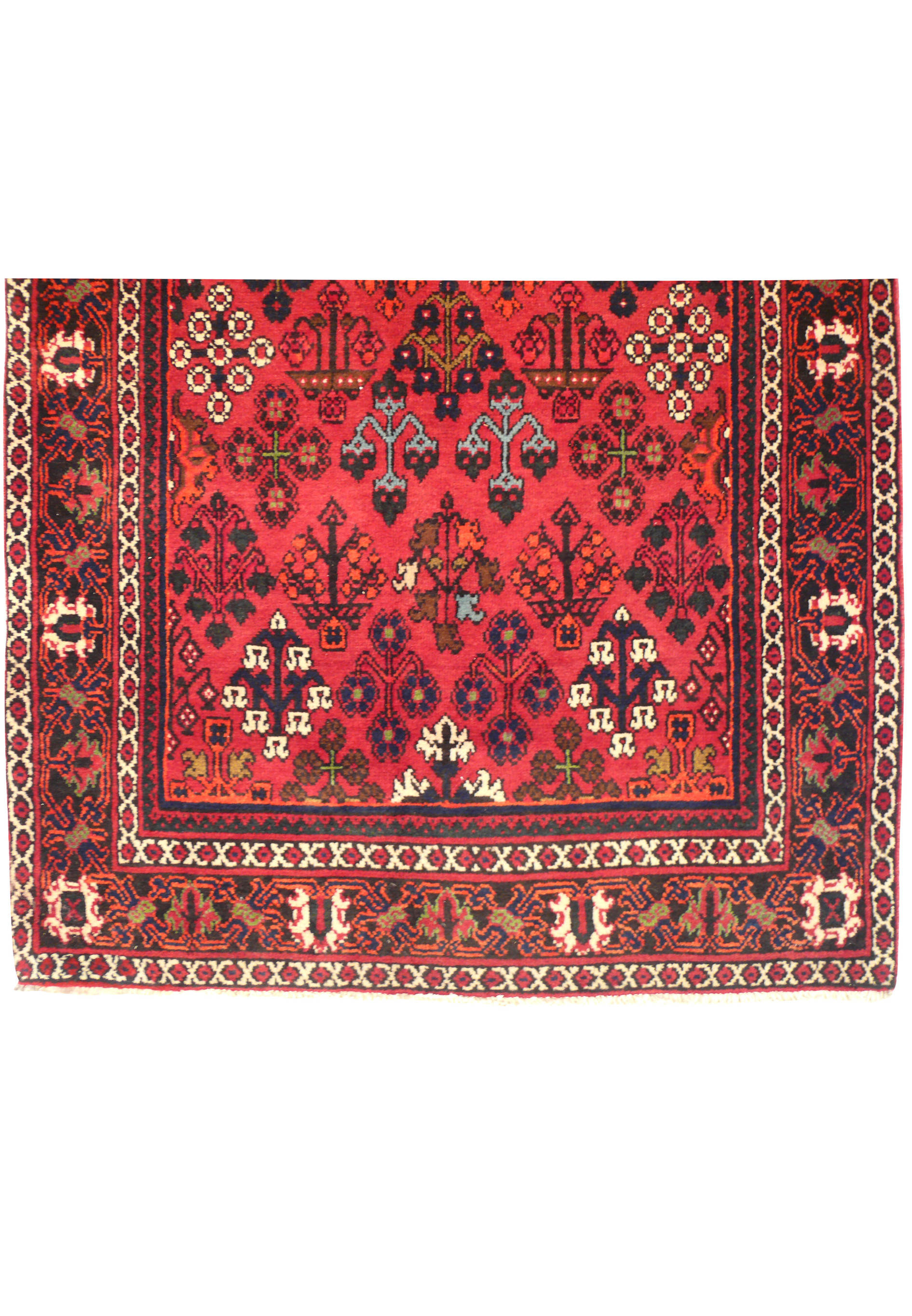 Another view of the Persian Meymeh runner rug, focusing on the intricate border and the fine detailing of the floral and geometric patterns. The combination of red, blue, ivory, black, and green colors enhances the rug's aesthetic appeal.
