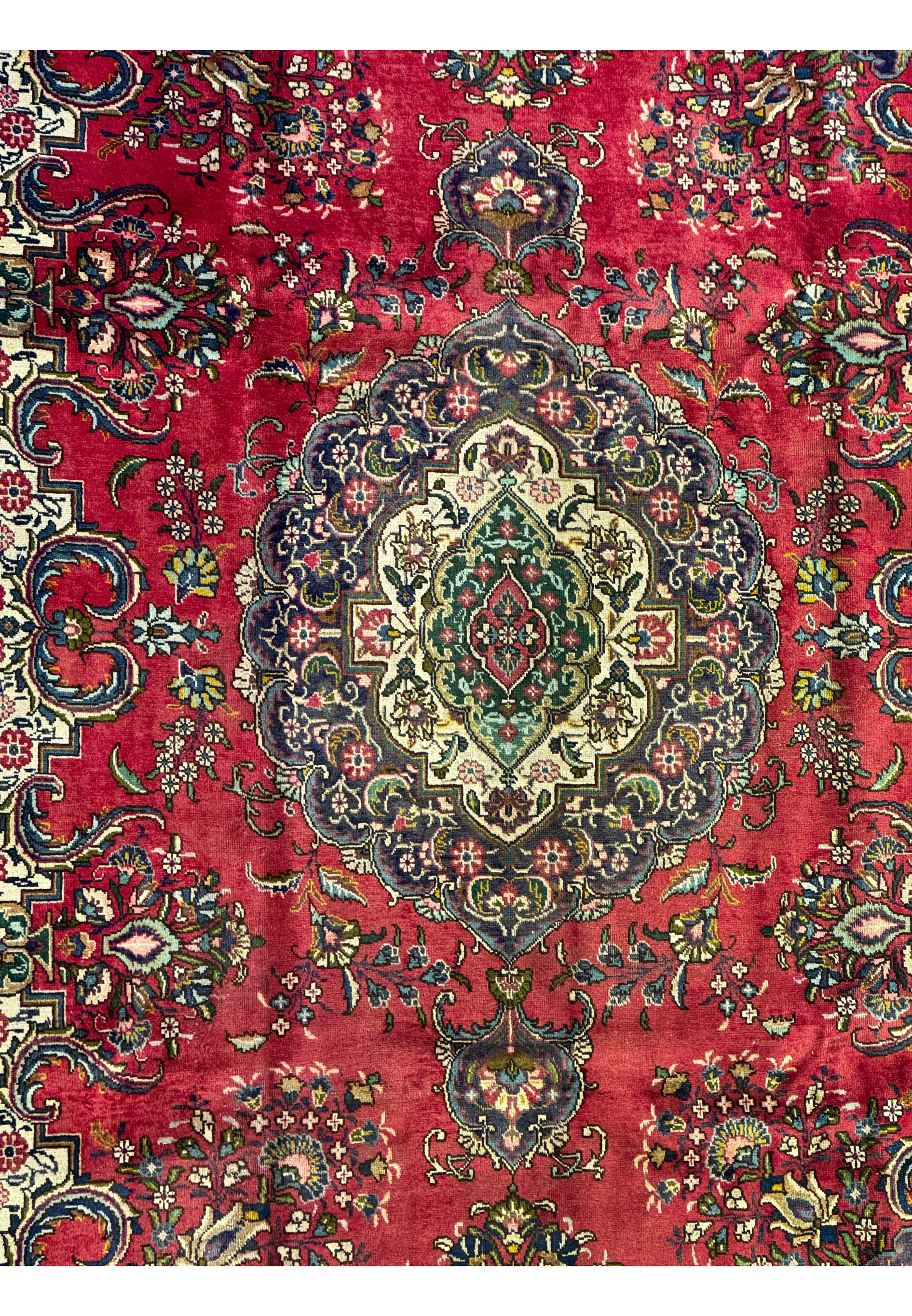 Zoomed into Central Medallion on 10'4 x 13 Distressed Kerman Persian Rug