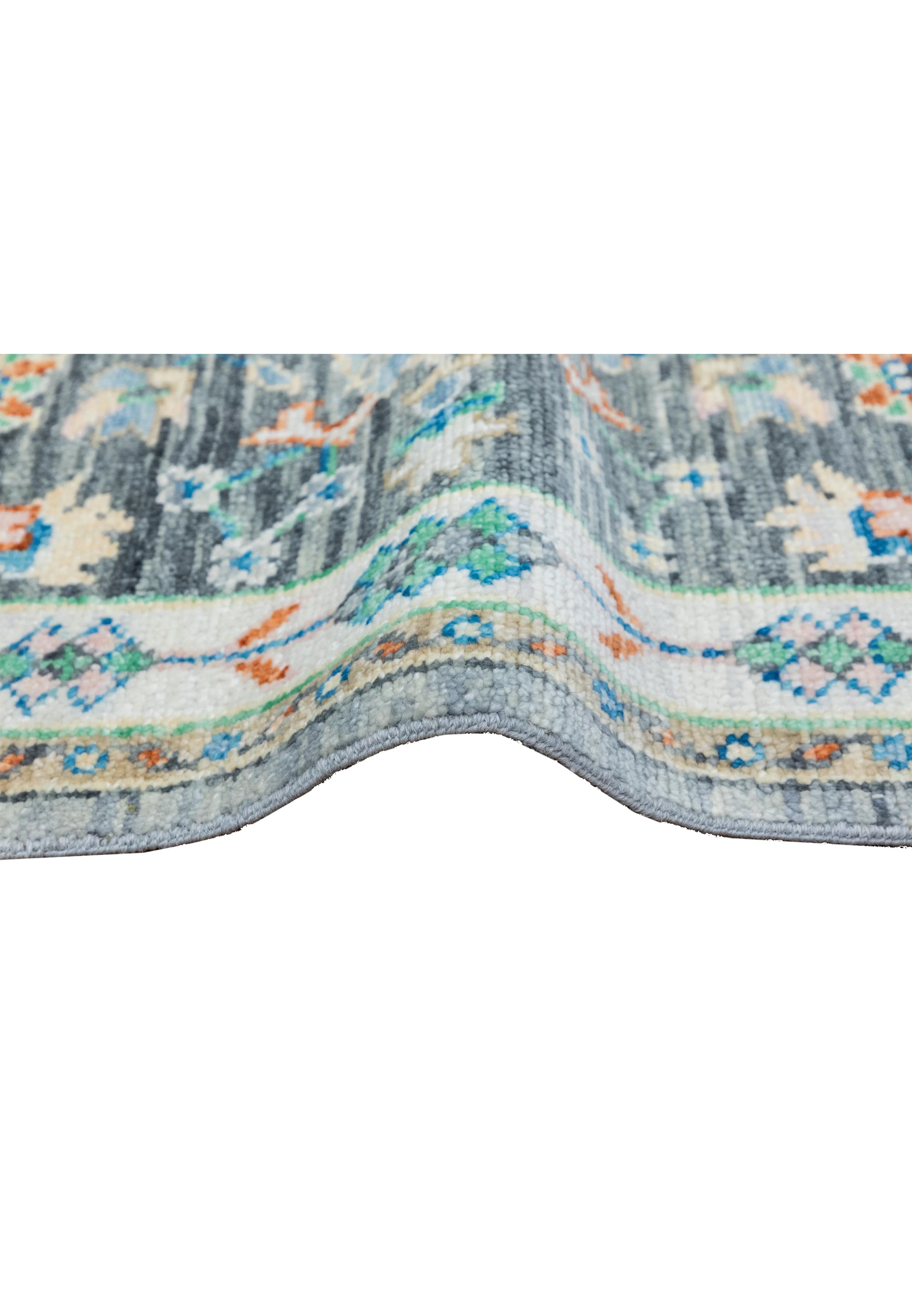 Side profile showing the thickness of the 12' x 15' Designer Gray Oushak Handmade Rug