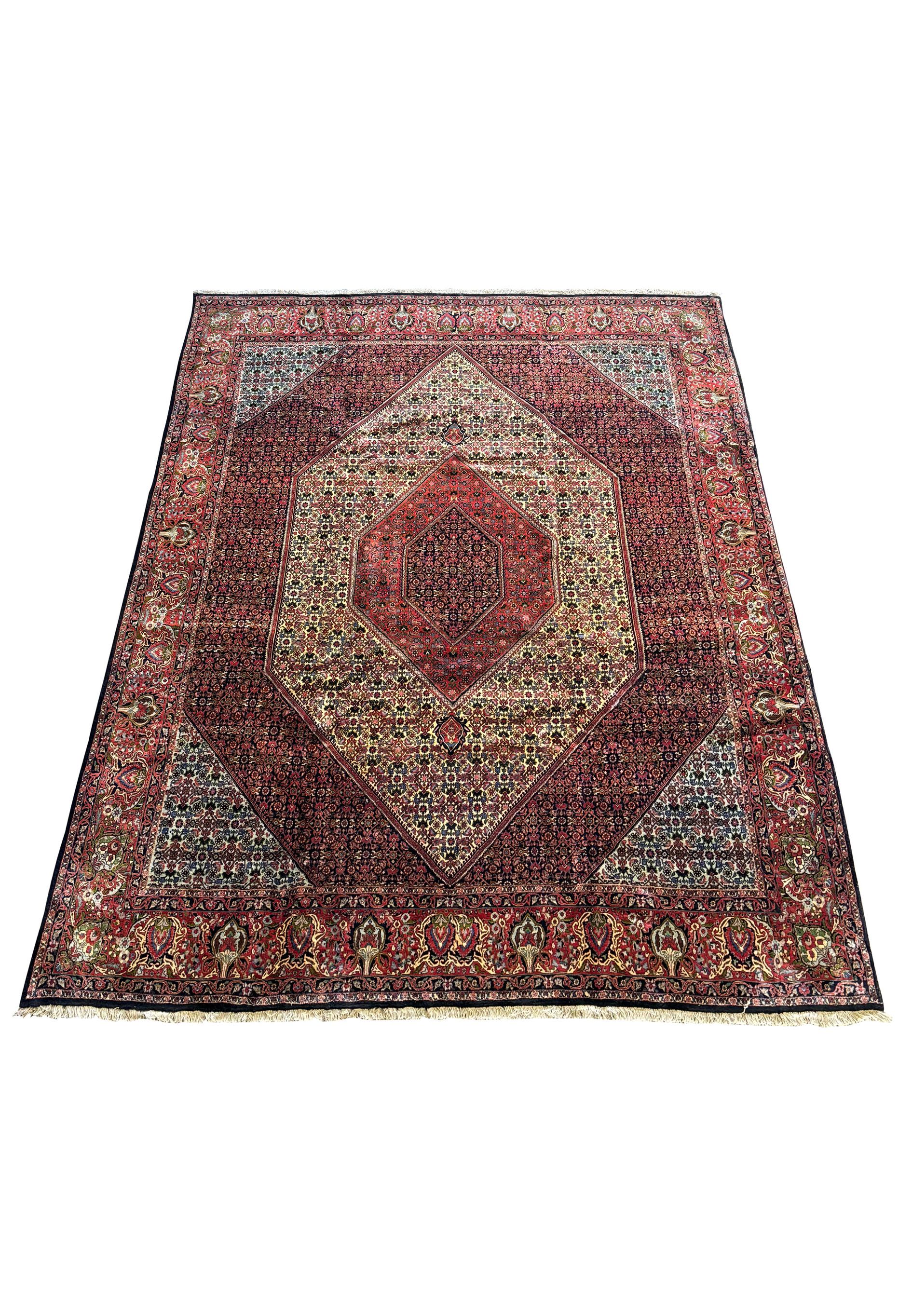 Angled shot highlighting the detailed motifs and rich colors of the Persian Bijar Rug.