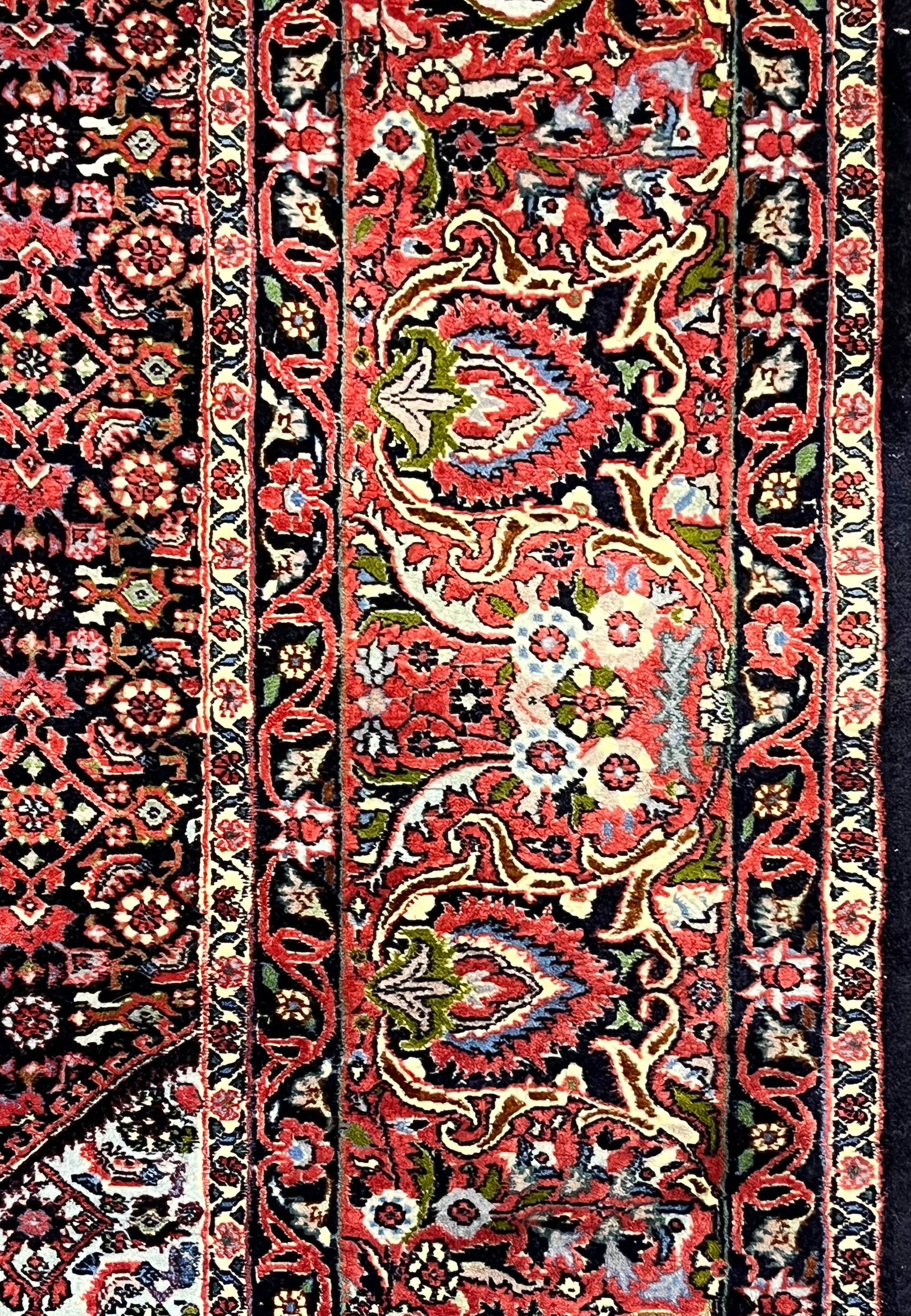 Close-up of the Bijar rug border showing tightly packed wool knots, bold red and navy colors, floral medallions, and exceptional clarity typical of Bijar rugs.