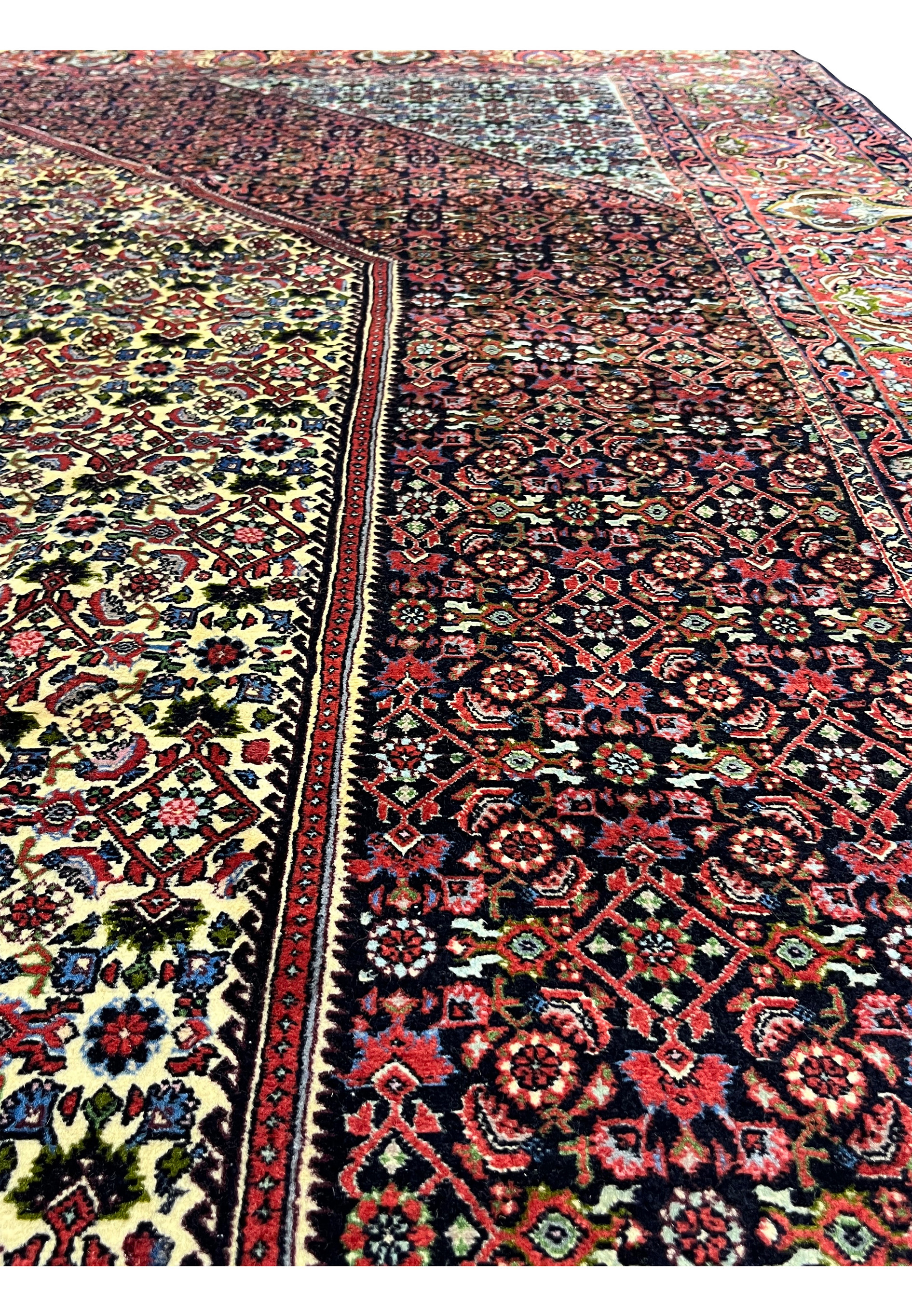 Face and foundation detail of a 9.8 x 12.2 Persian Bijar rug showing compact knot structure, thick wool pile, and the durable construction of traditional Bijar weaving.