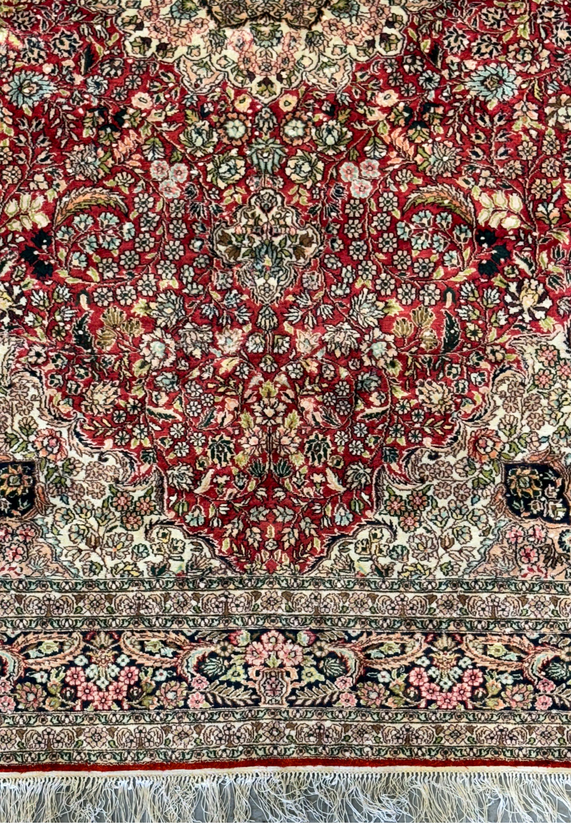 The full view of the 5 x 8 Oriental Kashmir Silk Rug, showing the harmonious balance of colors and patterns throughout the design.