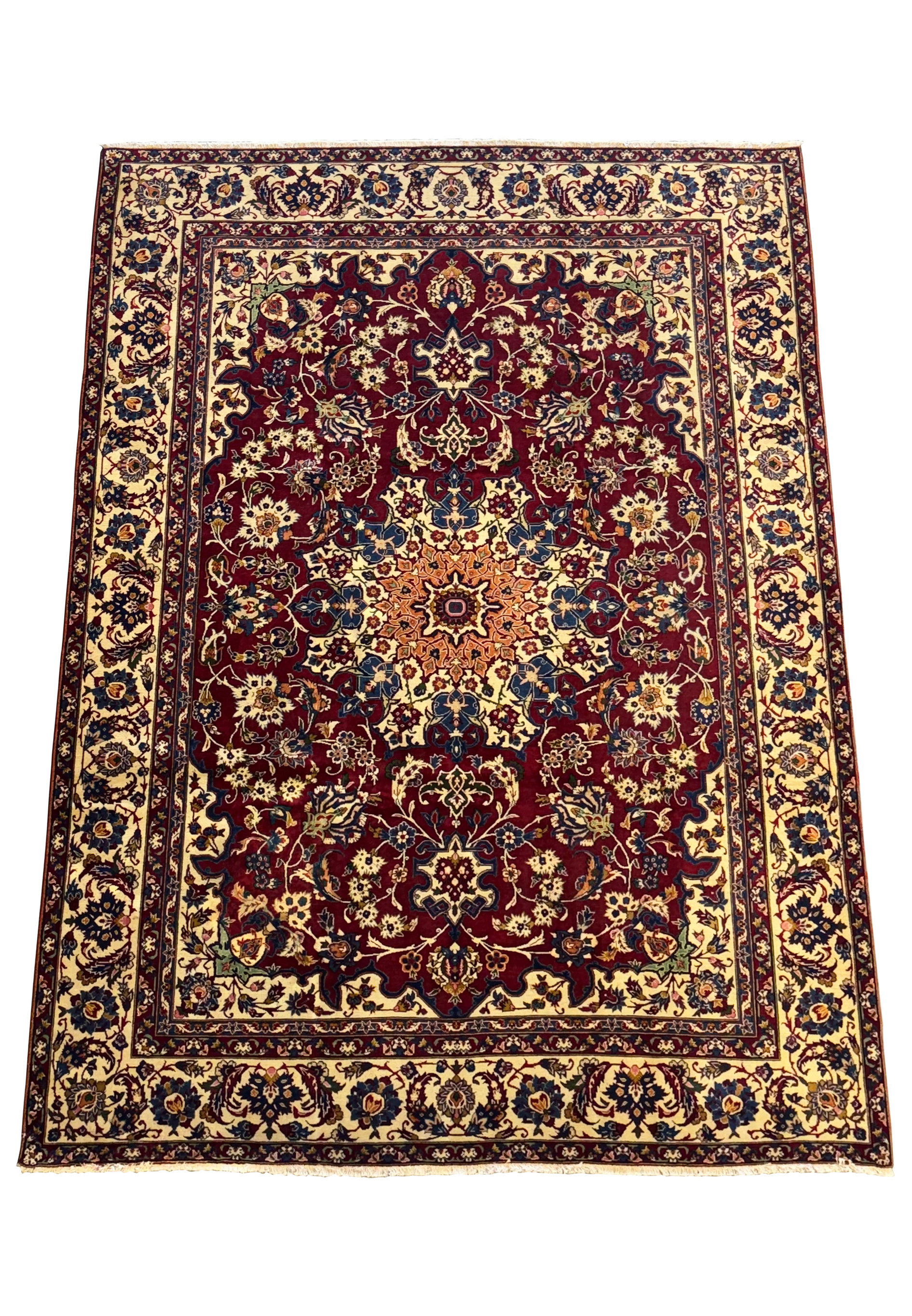 Perspective view of an 8 x 11'4 Persian Bakhtiar Rug laid down, showcasing the detailed craftsmanship