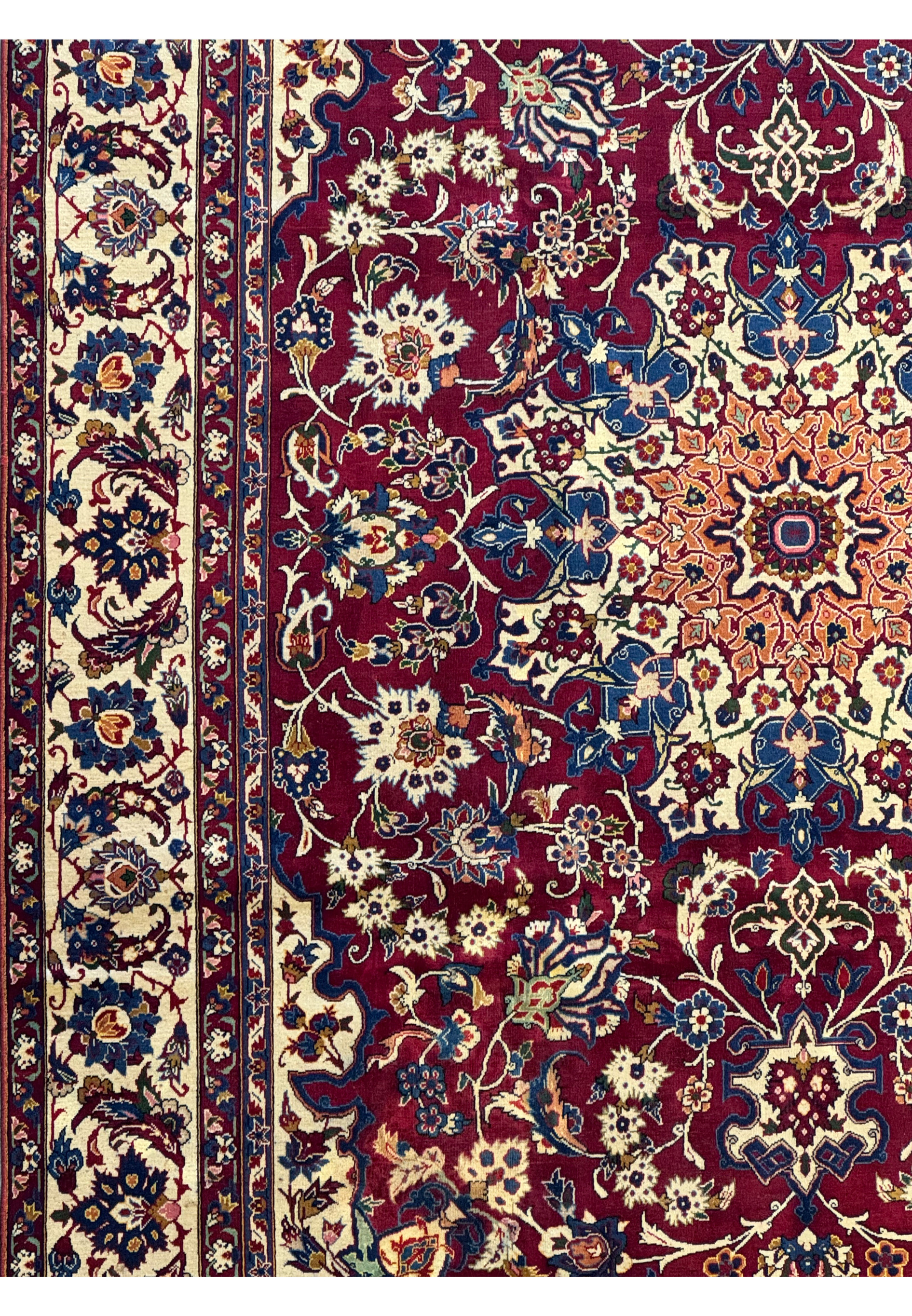 Edge and midfield view of an 8 x 11'4 Persian Bakhtiar Rug with complex geometric and floral designs