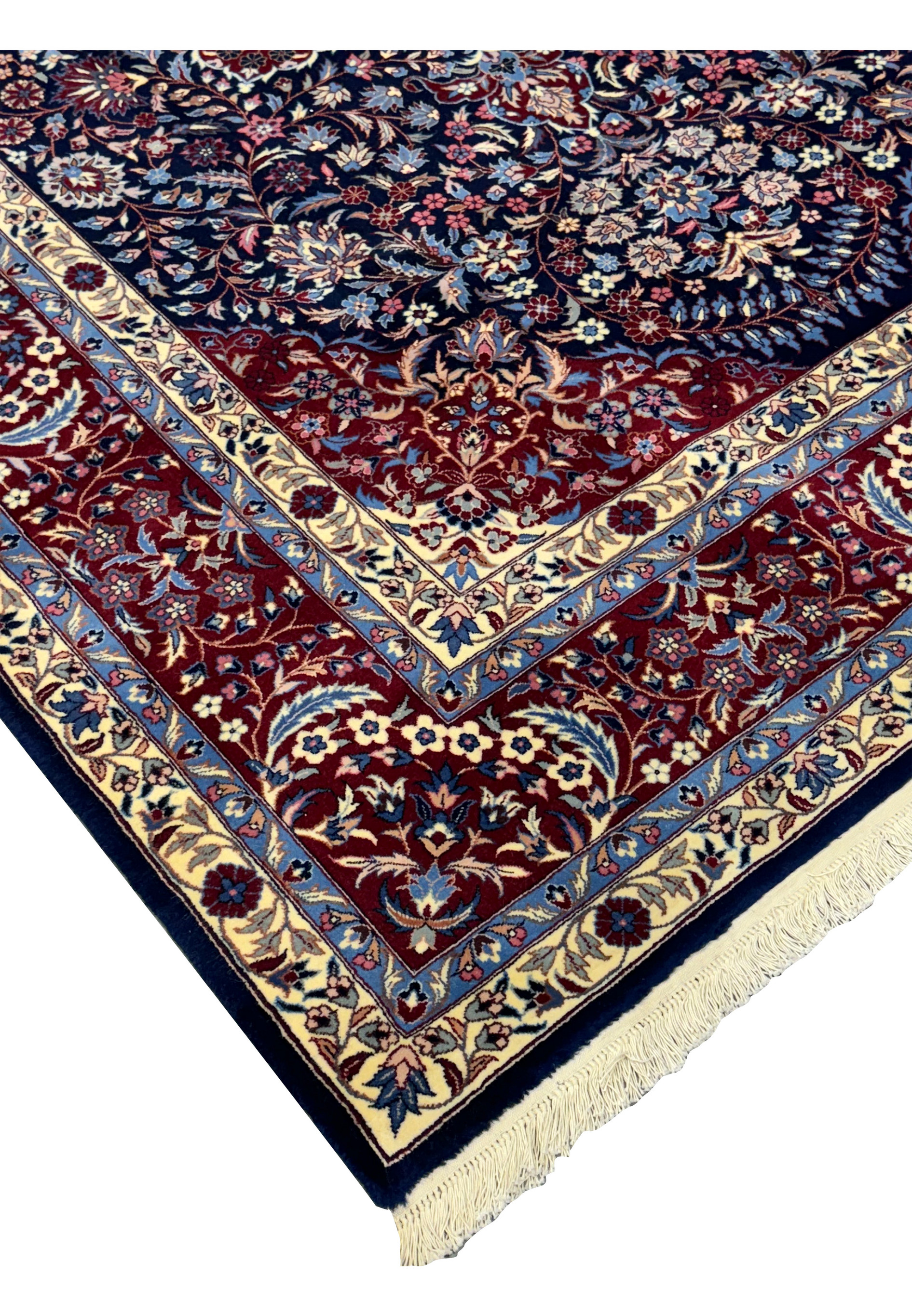 Edge Side view of an 6'2 x 9'6 Persian Isfahan Rug highlighting its intricate patterns and vibrant colors.