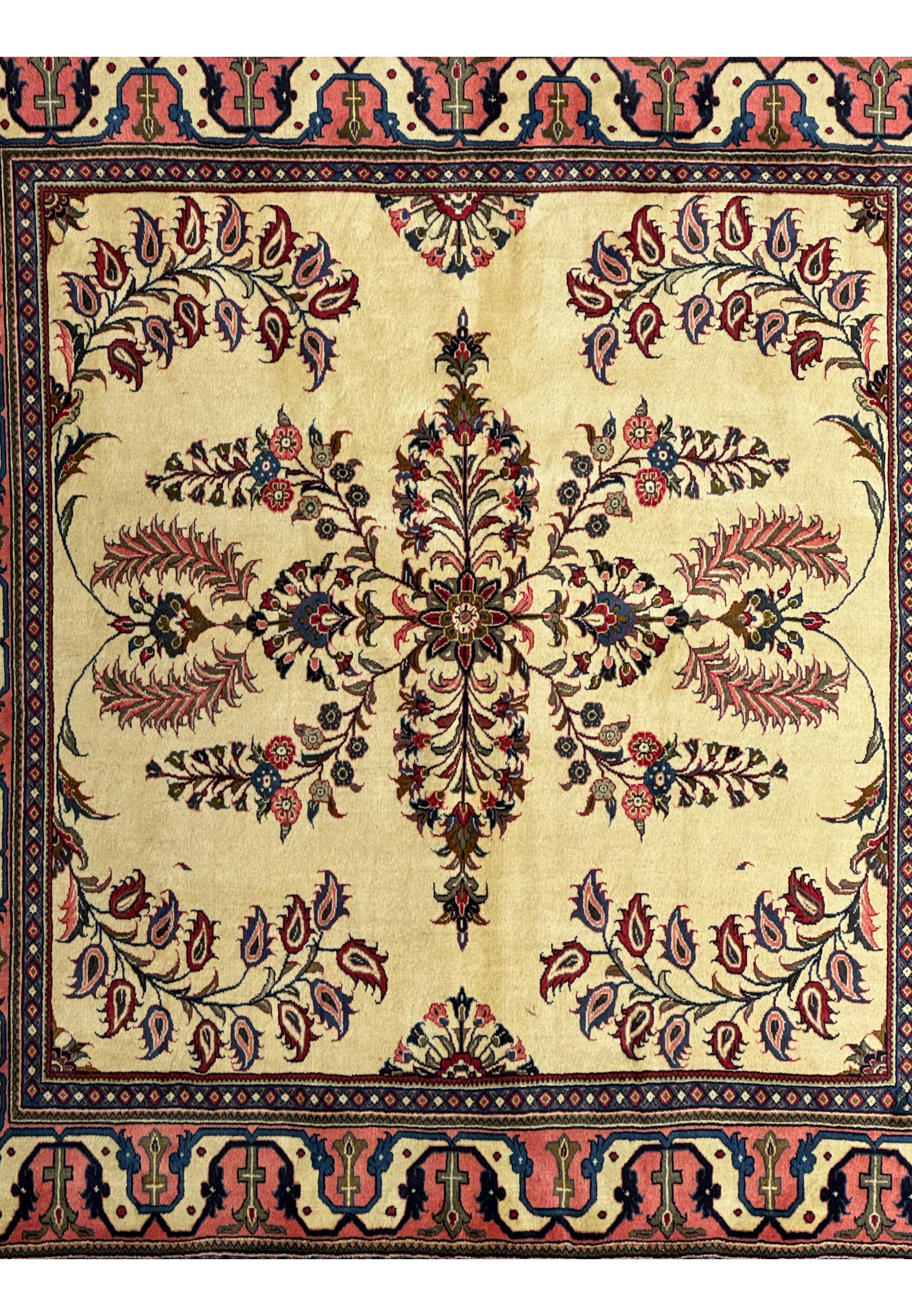 Close-up of the central medallion on a Persian Sarough Square Rug, featuring detailed floral motifs.