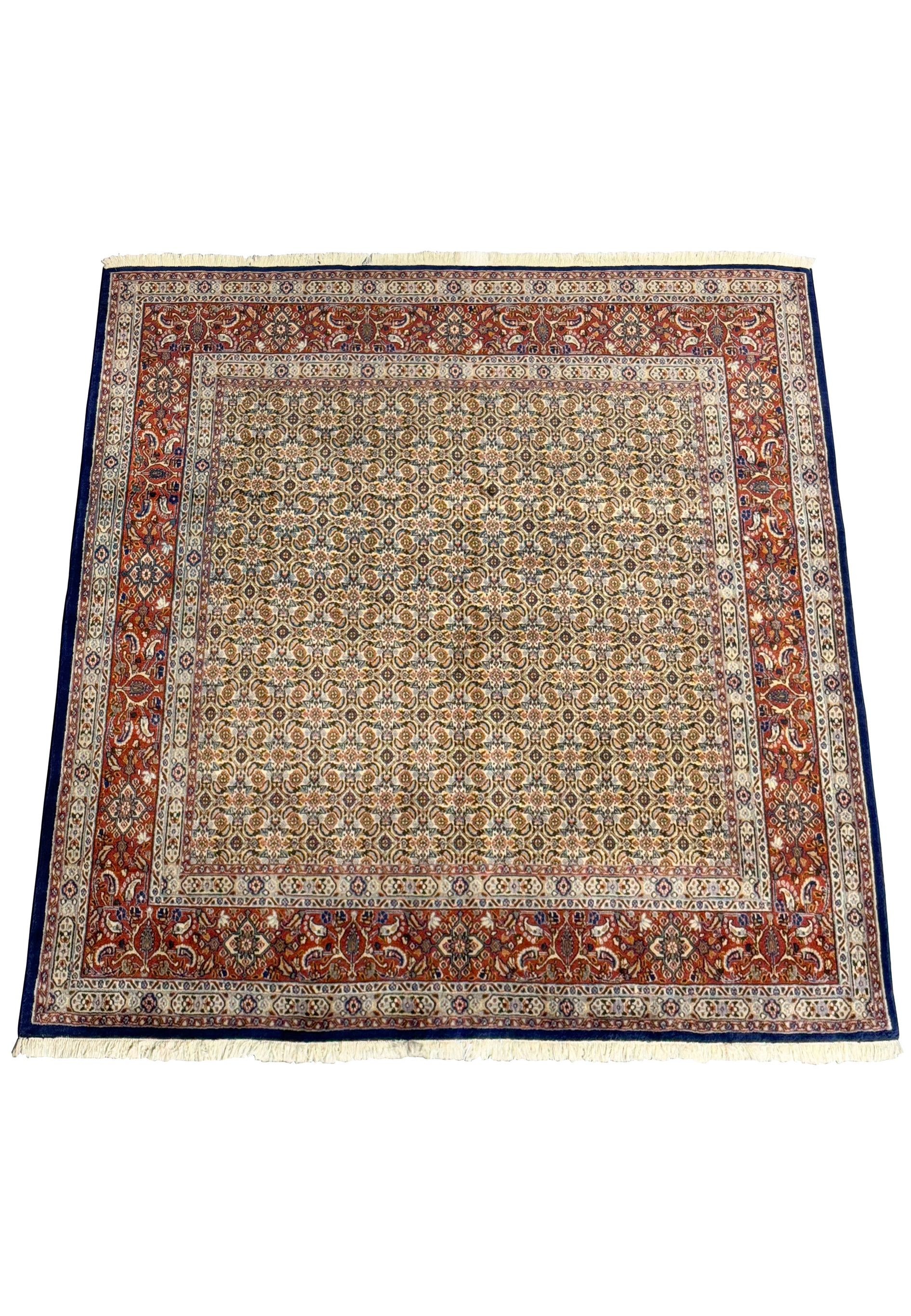 Angle shot of 7x7 Persian Moud Rug highlighting its rich colors and fine craftsmanship