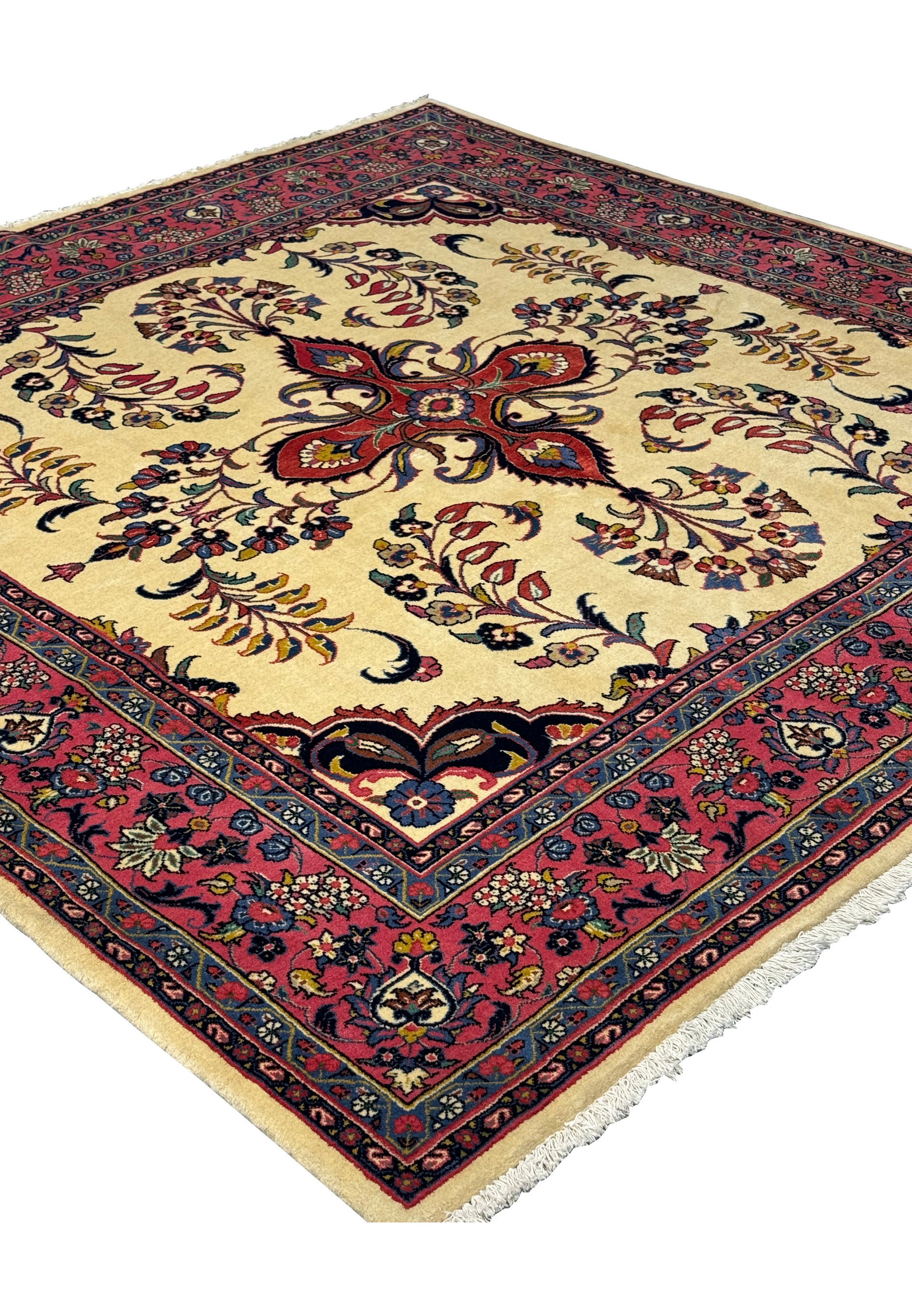 Side view of the Persian Sarough Square Rug displaying the intricate border and central medallion.
