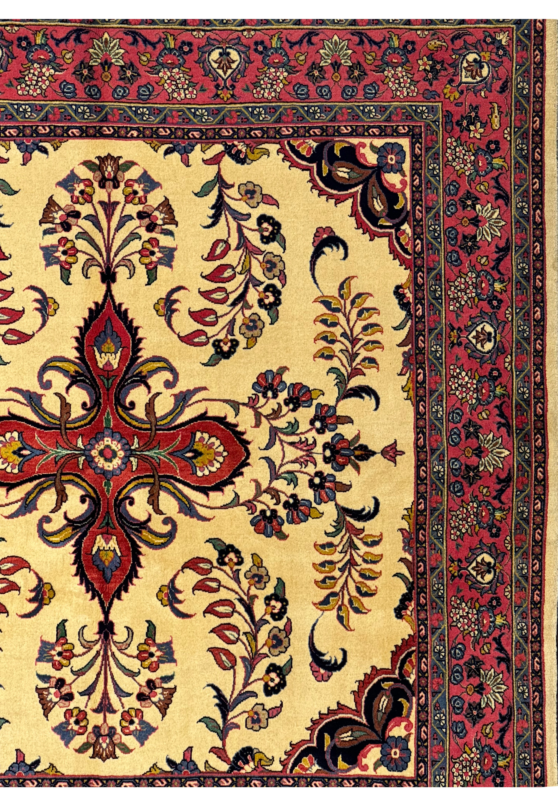 Close-up view of the detailed floral border and design on the Persian Sarough Square Rug.