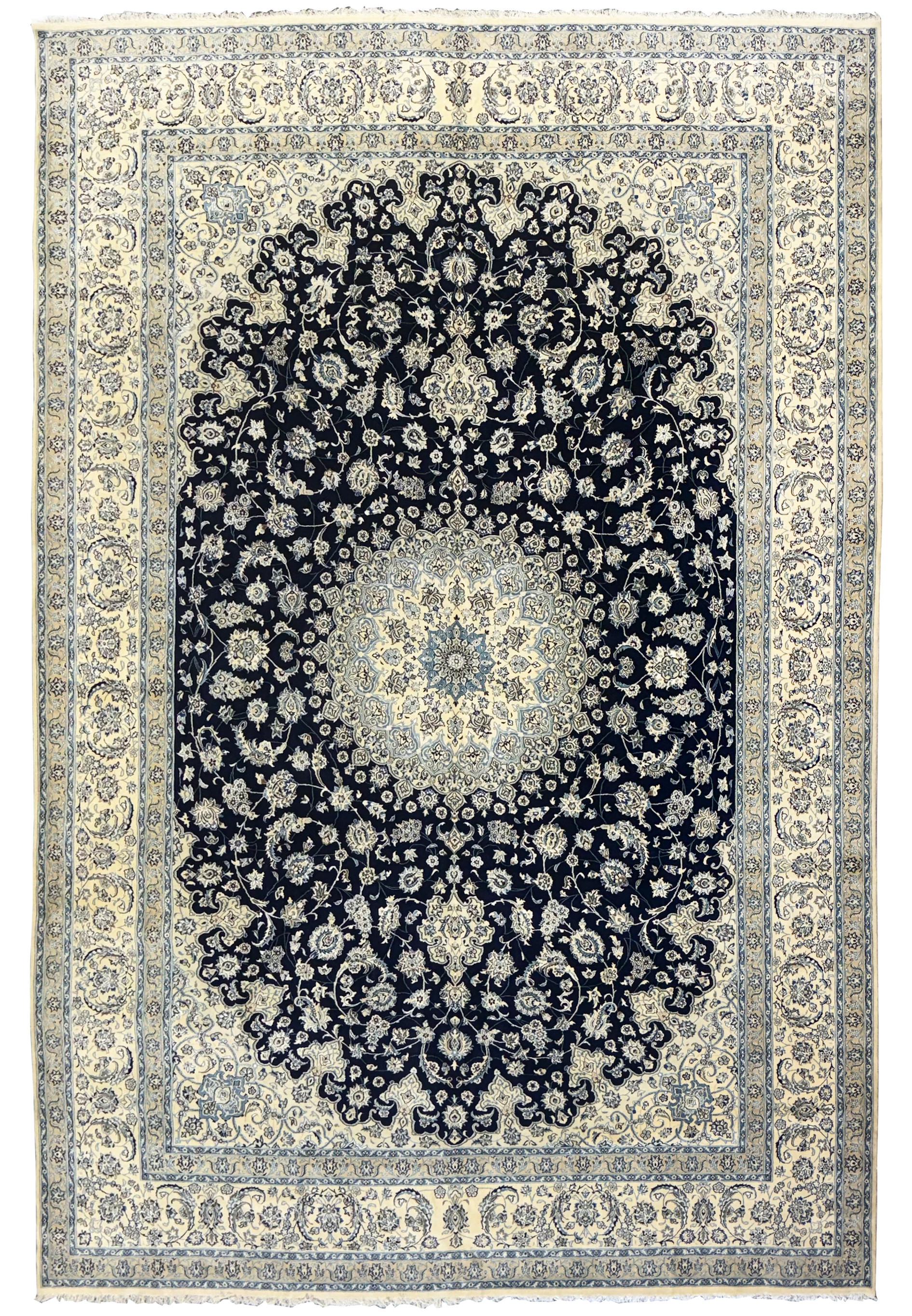 Handwoven 13 x 19'8 Persian Nain 9LA Rug with intricate floral patterns and blue and beige tones
