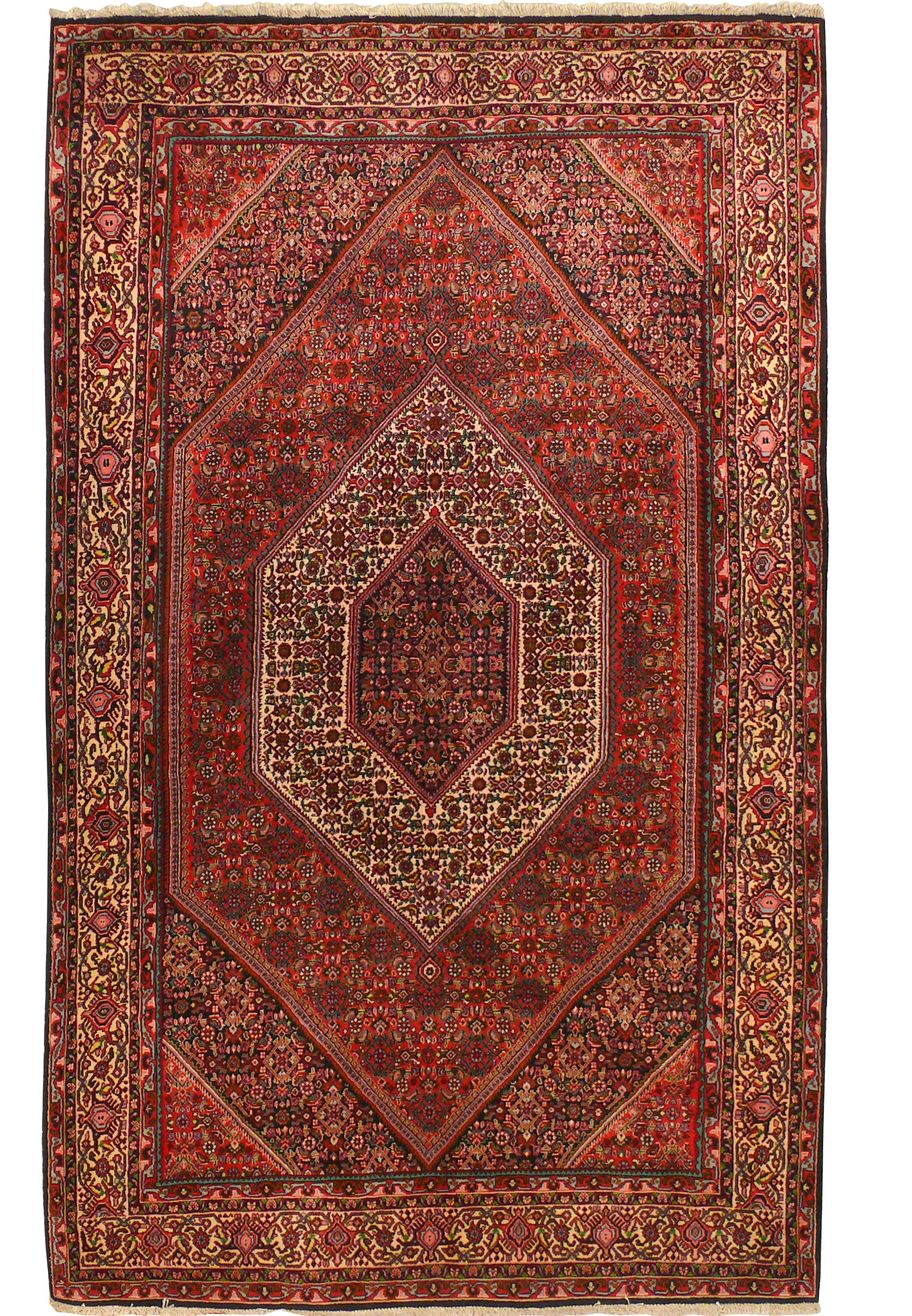 Full view of a 5 x 8'8 Persian Bijar Rug displaying rich red, ivory, and navy blue colors with a hexagonal medallion.