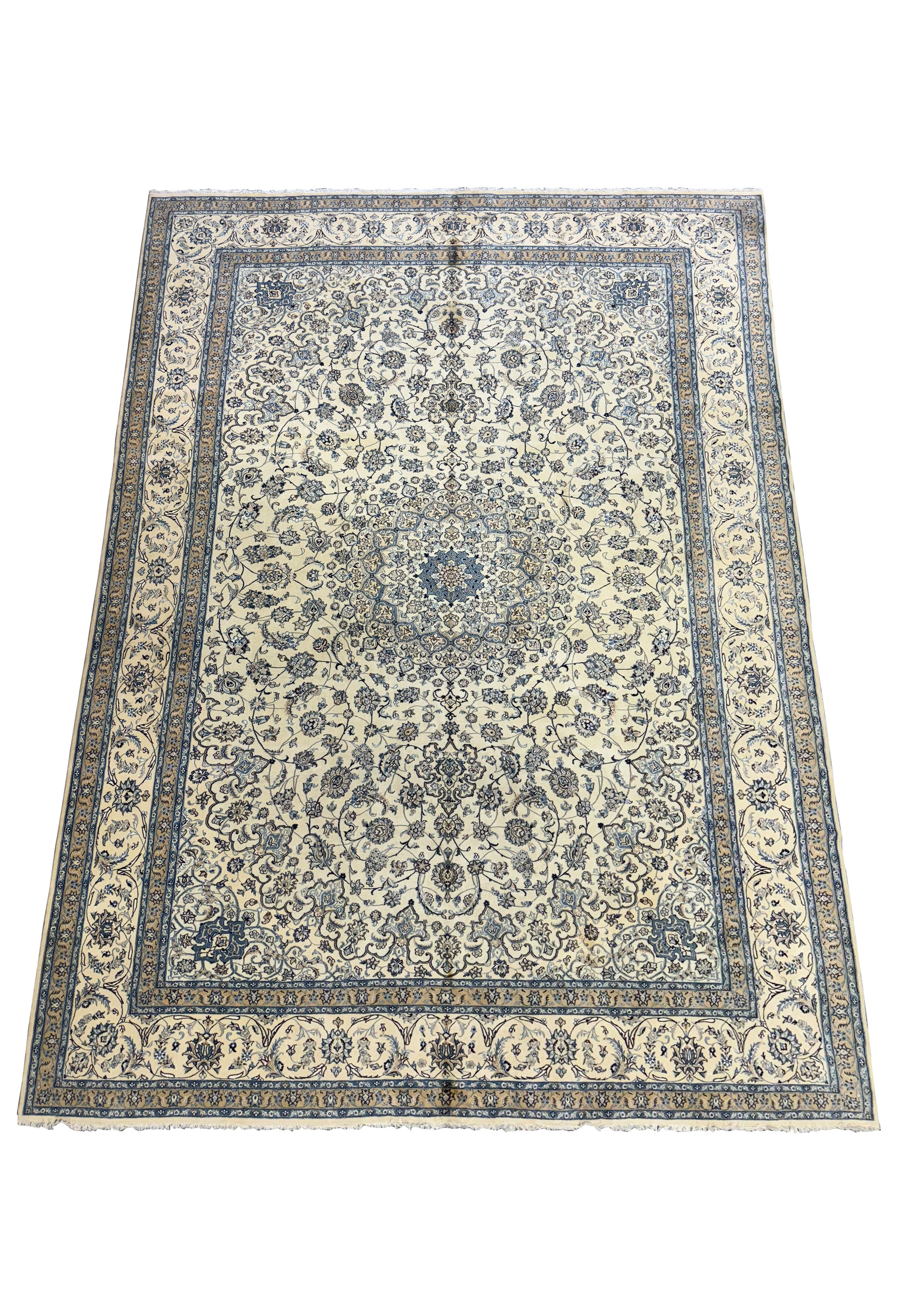 Overhead view of a 13' x 20'Persian Nain 9LA Wool & Silk Rug showcasing detailed floral designs and a central medallion