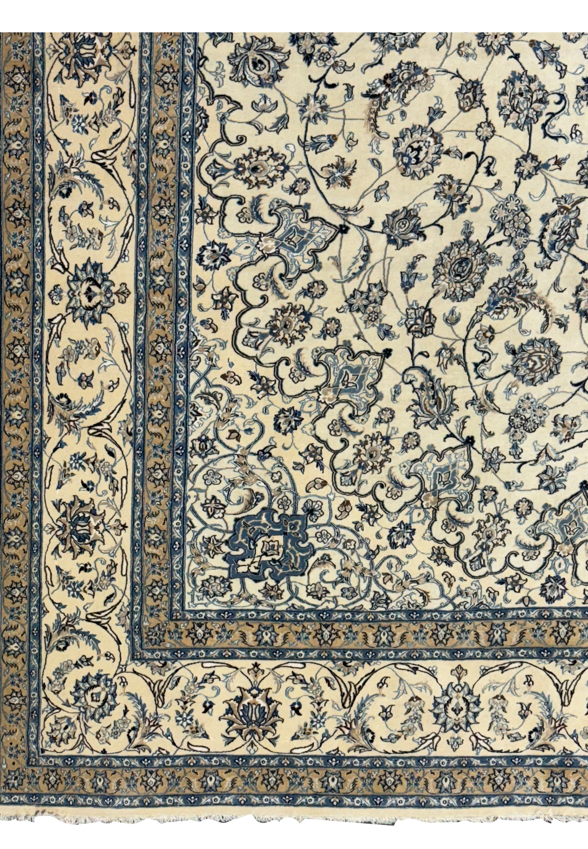 Elegant border designs with floral motifs on a Persian Nain 9LA Wool & Silk Rug