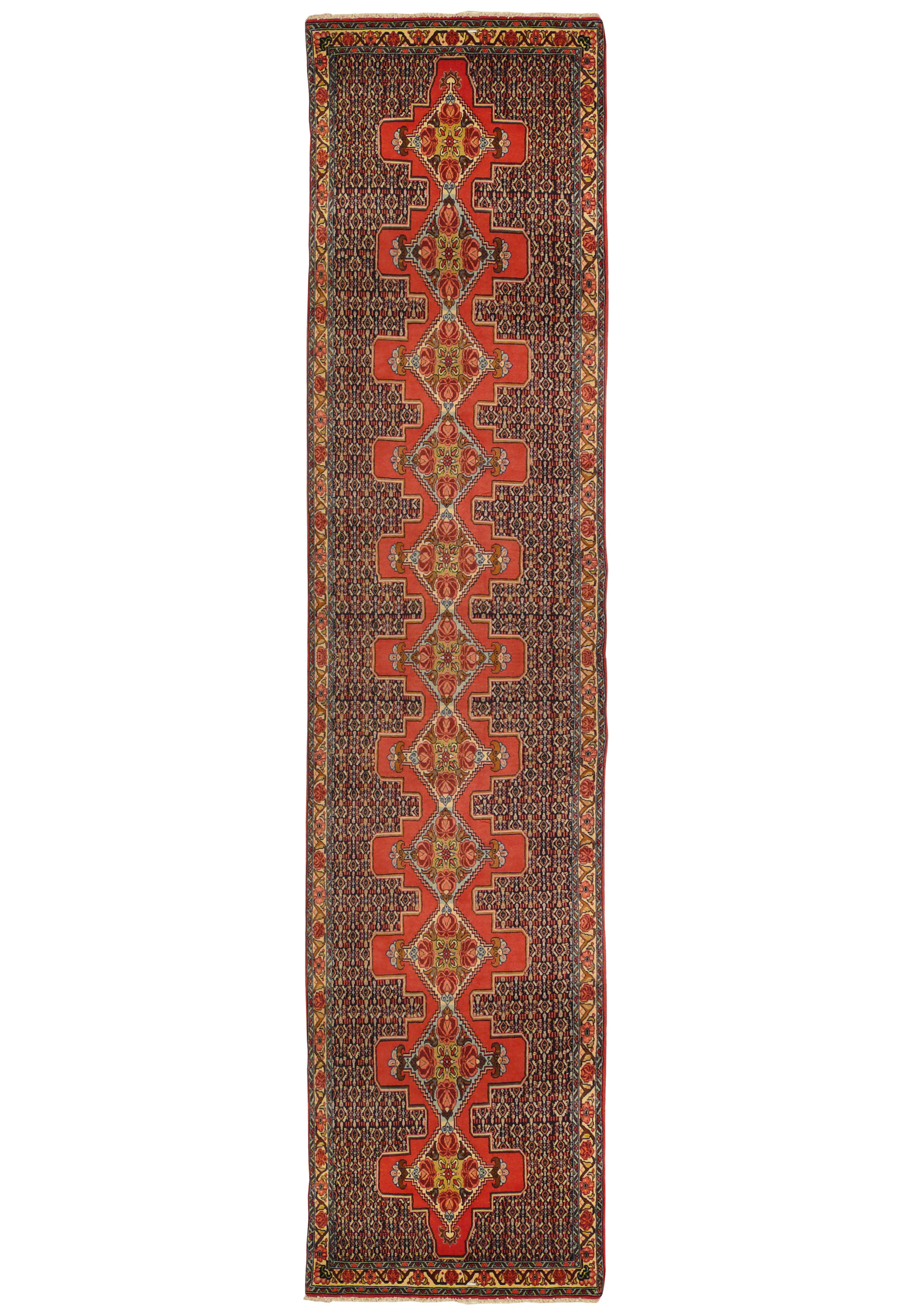 Full view of 3 x 13'3 Persian Senneh Runner showcasing intricate design and vibrant color