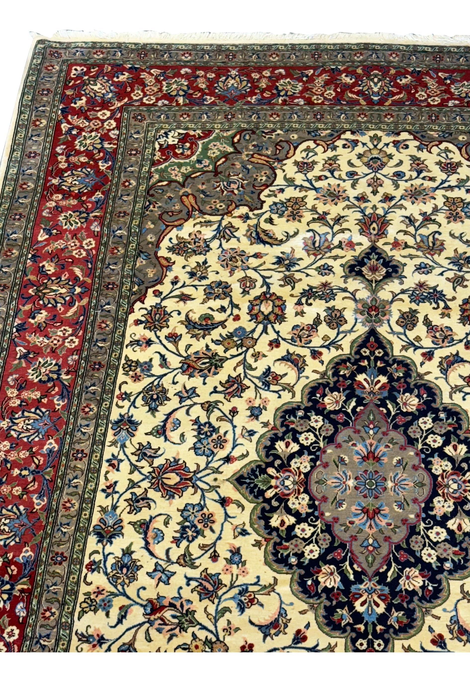 ield and patterns of 8'2 x 10'7 Persian Qum Kork & Silk Rug with floral and vine motifs