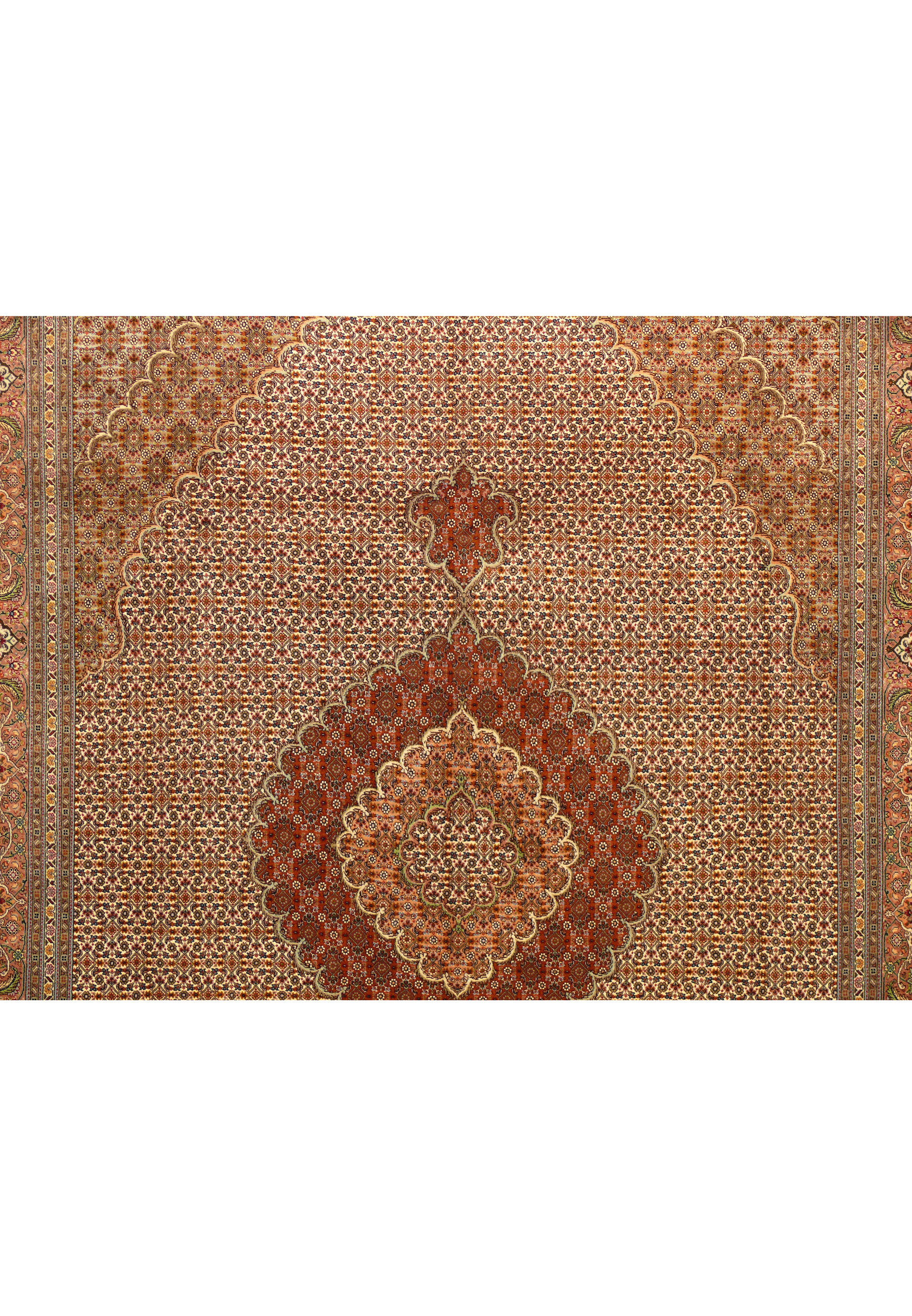 Detailed view of the central field and medallion of the Tabriz Mahi Silk 50 Raj Rug.