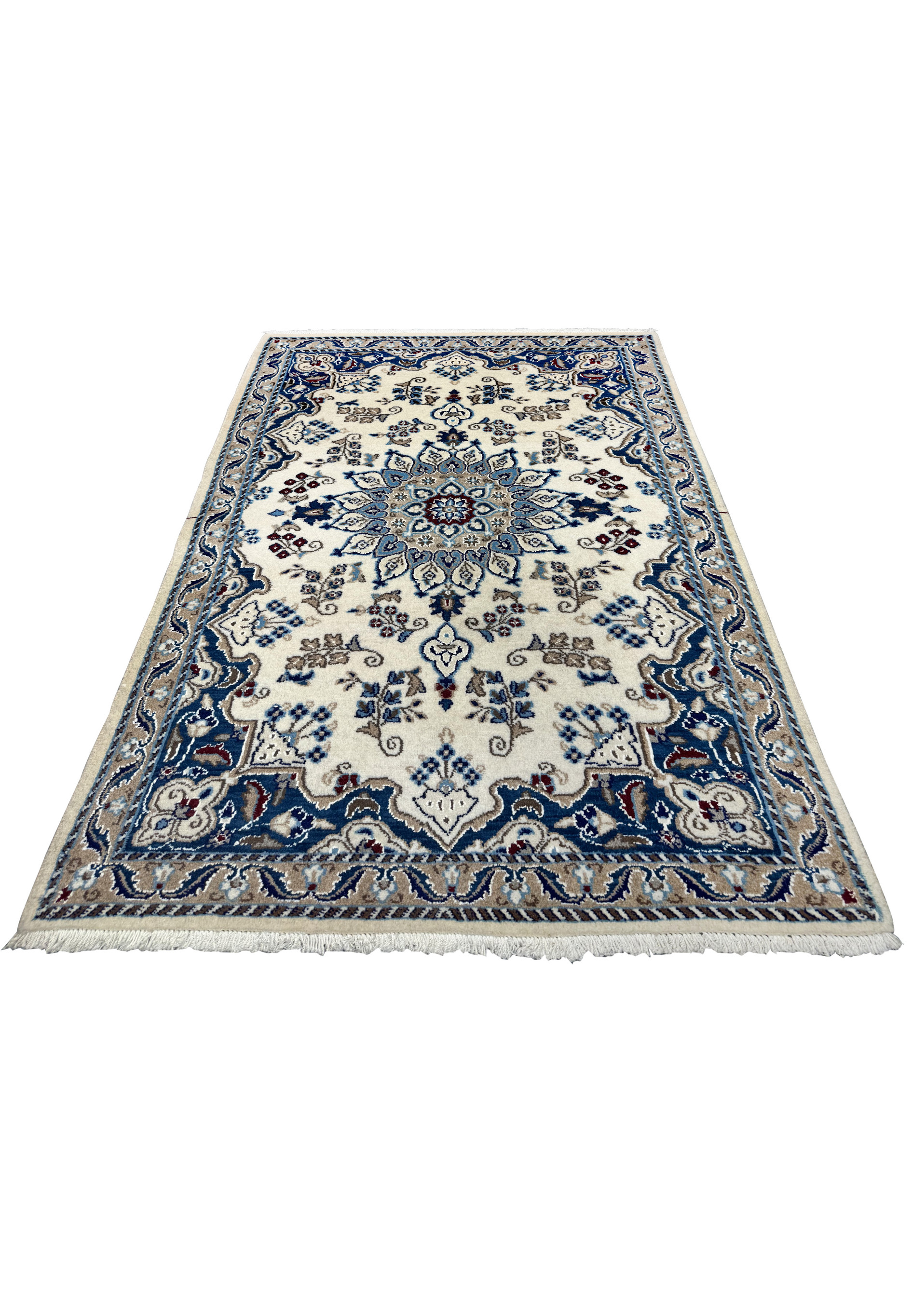 Laid down view of a 2'10 x 4'8 Persian Nain Rug showcasing detailed floral patterns.
