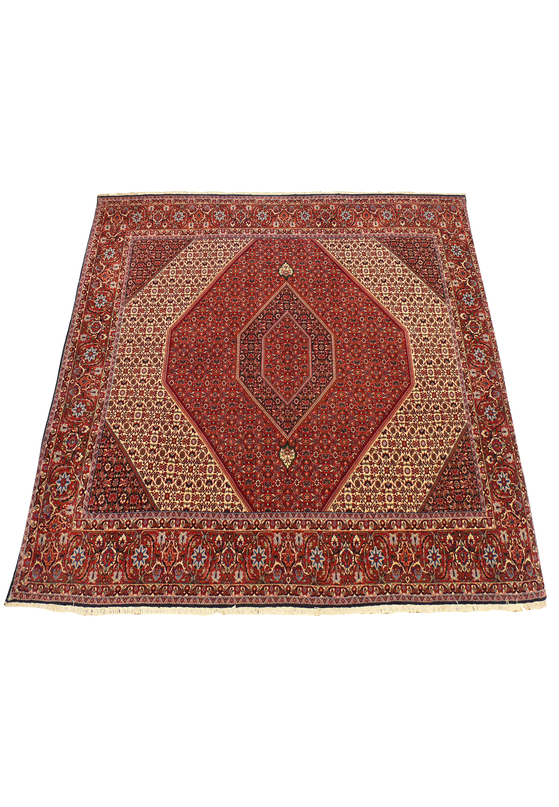 8'4 x 8'4 Persian Bijar Square Rug laid down flat, highlighting its rich crimson and navy colors.