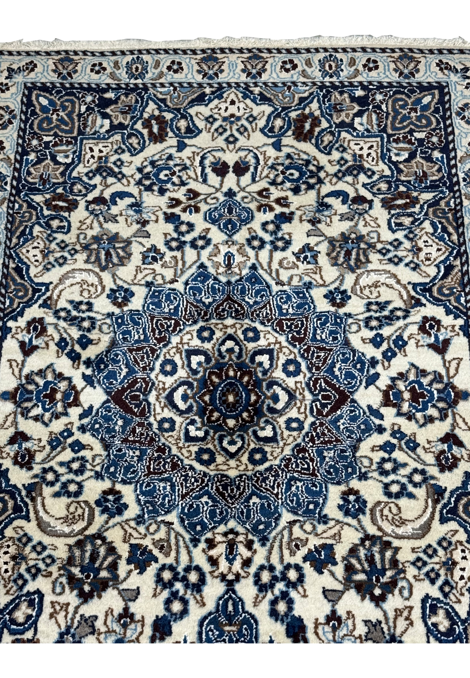 Midfield view of 3 x 4'9 Nain Persian Rug displaying floral and geometric patterns.