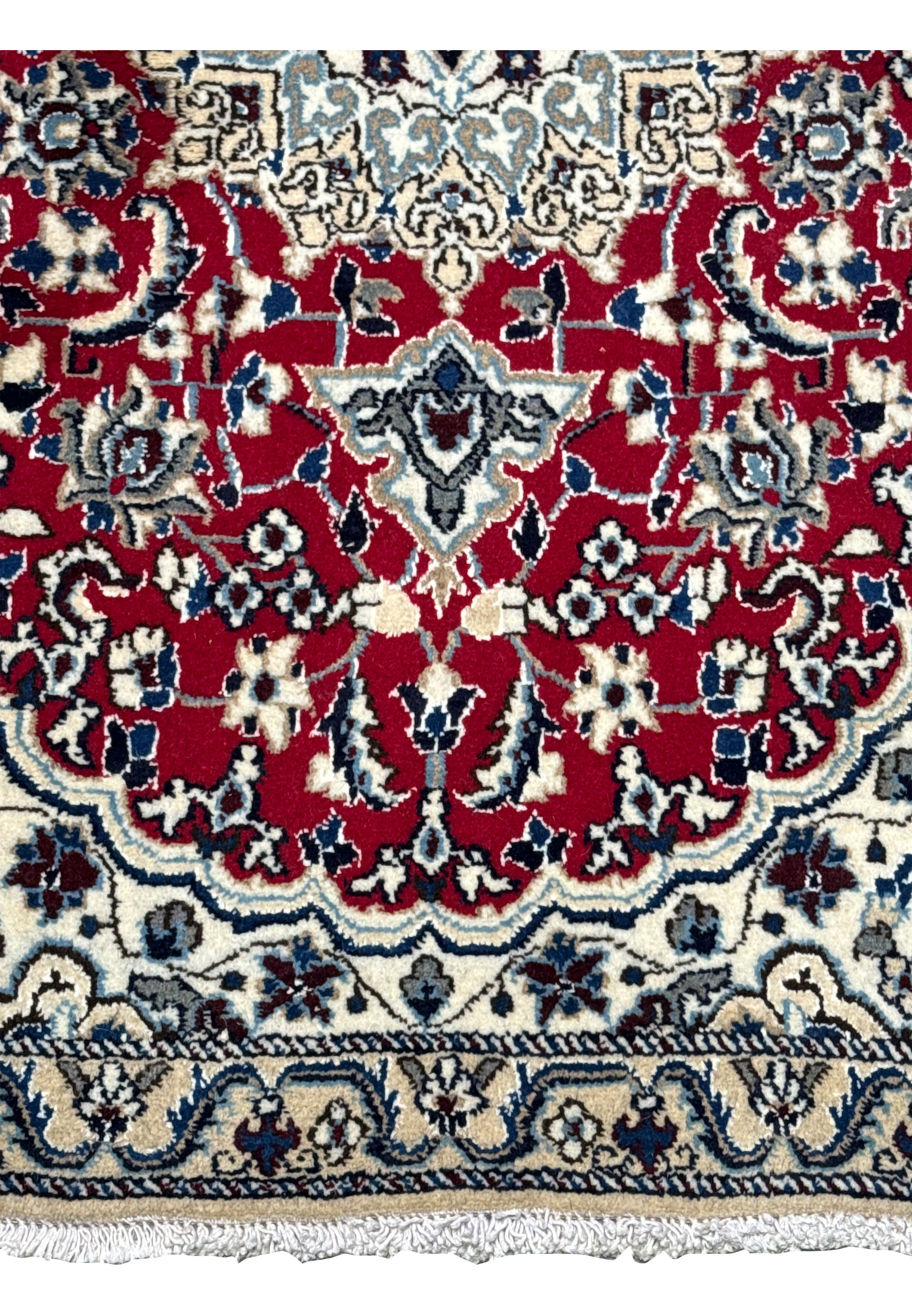 Detailed view of the lower border on a 3 x 4.6 Red Nain Persian Rug with floral and vine motifs