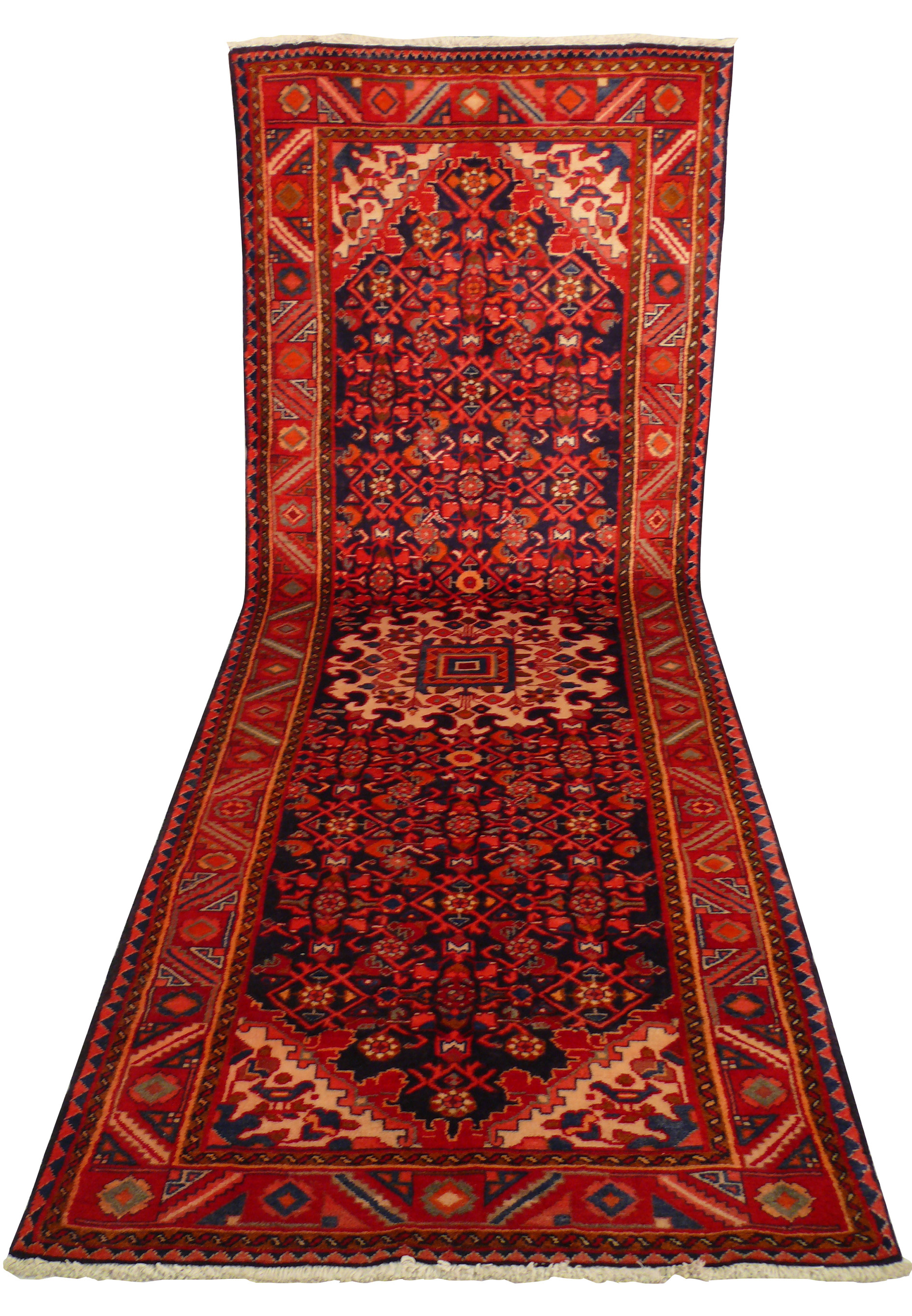 Perspective view of 3'6 x 10'6 Persian Hamedan Runner, illustrating depth and detailed pattern work.