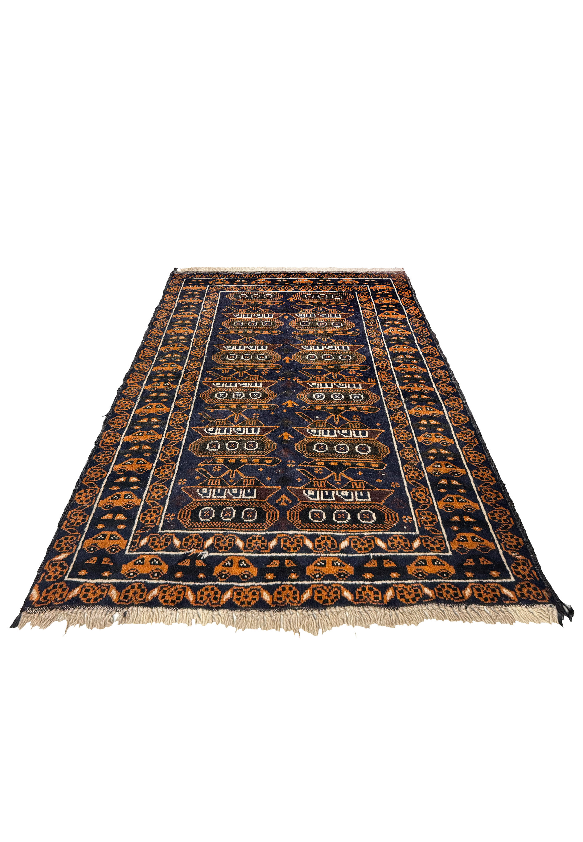 Laid down view of a 2'9 x 4'4 Persian Baluch Rug showcasing the detailed tank design against a dark navy background.