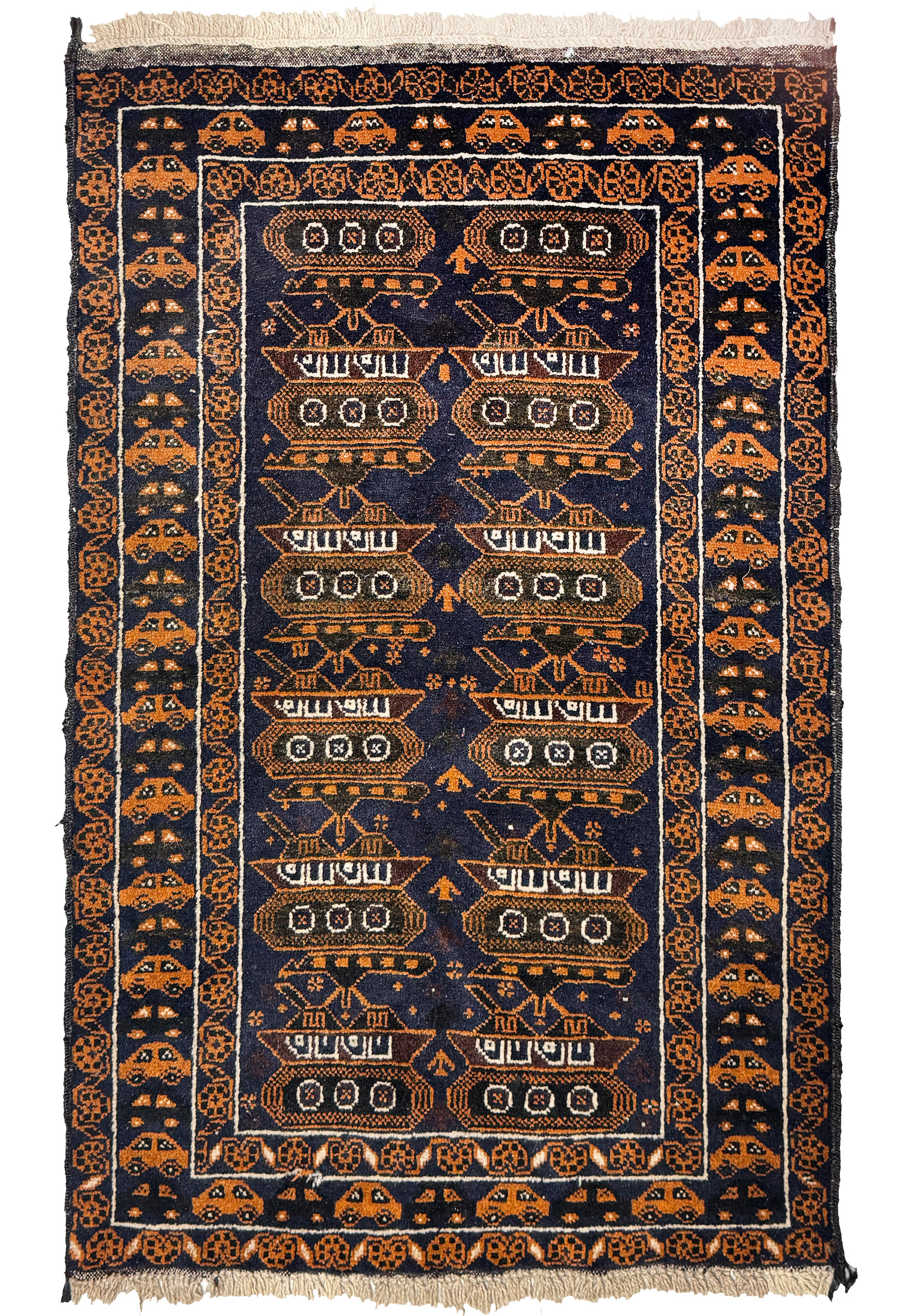 Full view of a 2'9 x 4'4 Persian Baluch Rug featuring intricate tank motifs in rich navy and orange hues.