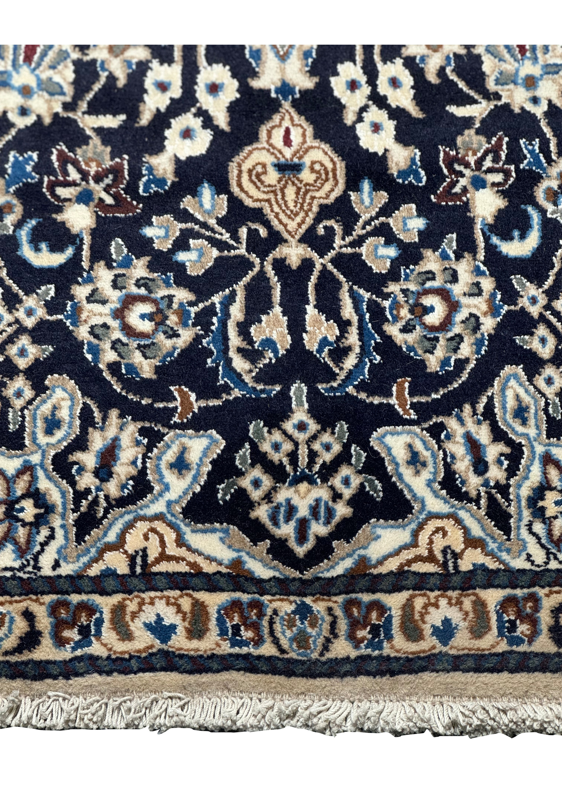 Lower part of the 3x5'3 Persian Nain Rug displaying the border and floral patterns in detail.