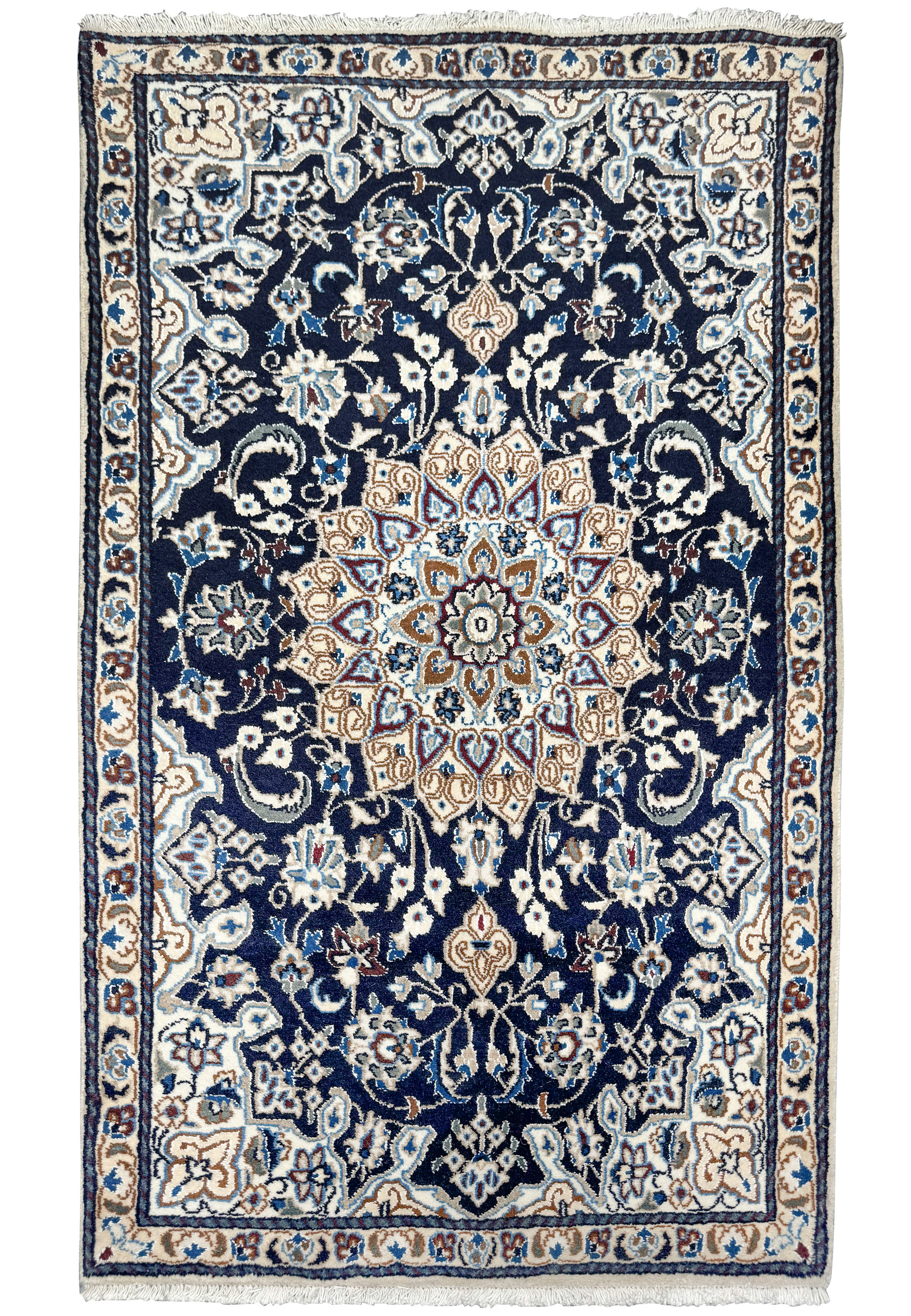 Full view of a 3x5'3 Persian Nain Rug showcasing intricate floral patterns and a central medallion.