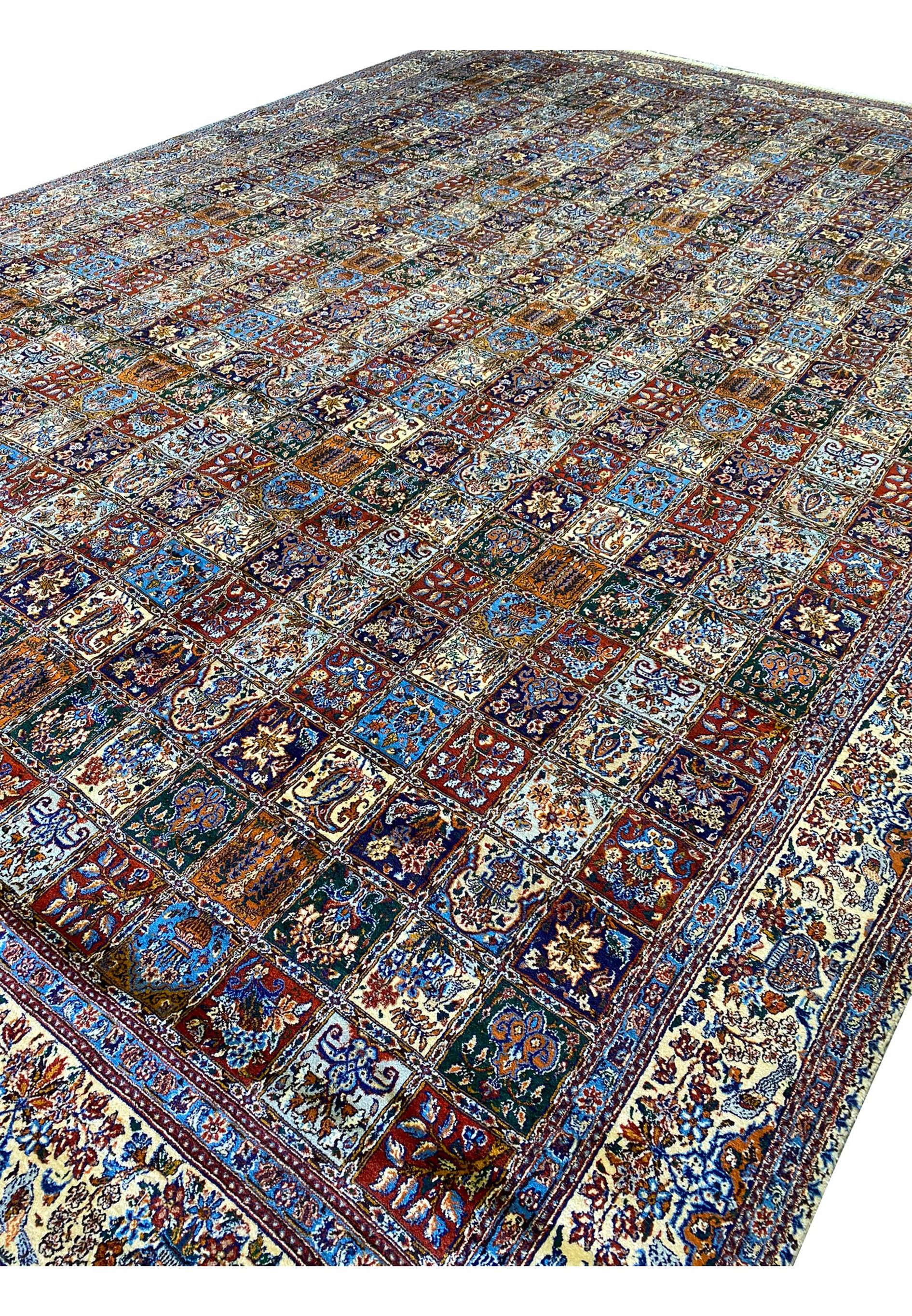 Angled view of the Persian Moud Rug highlighting the panel design and color richness.