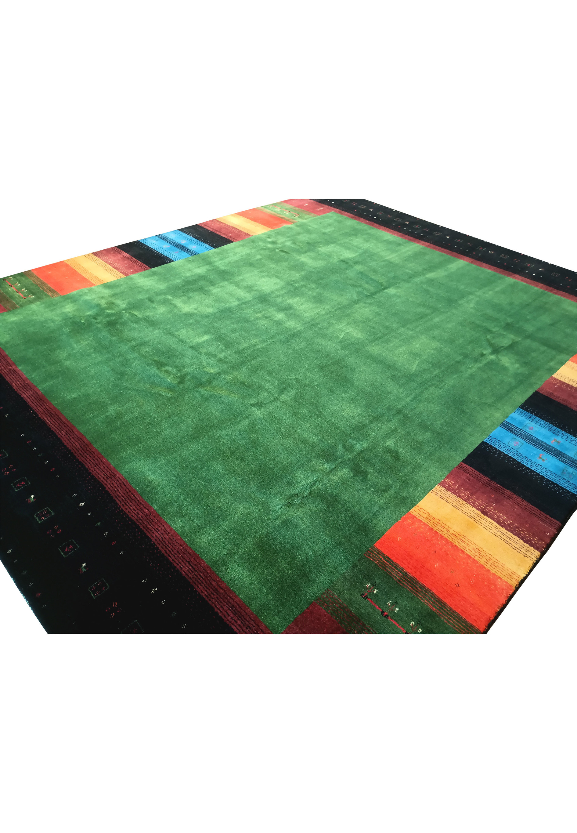 Angled view of 8'3" x 9'11" Gabbeh rug displaying the vibrant colors and plush pile.