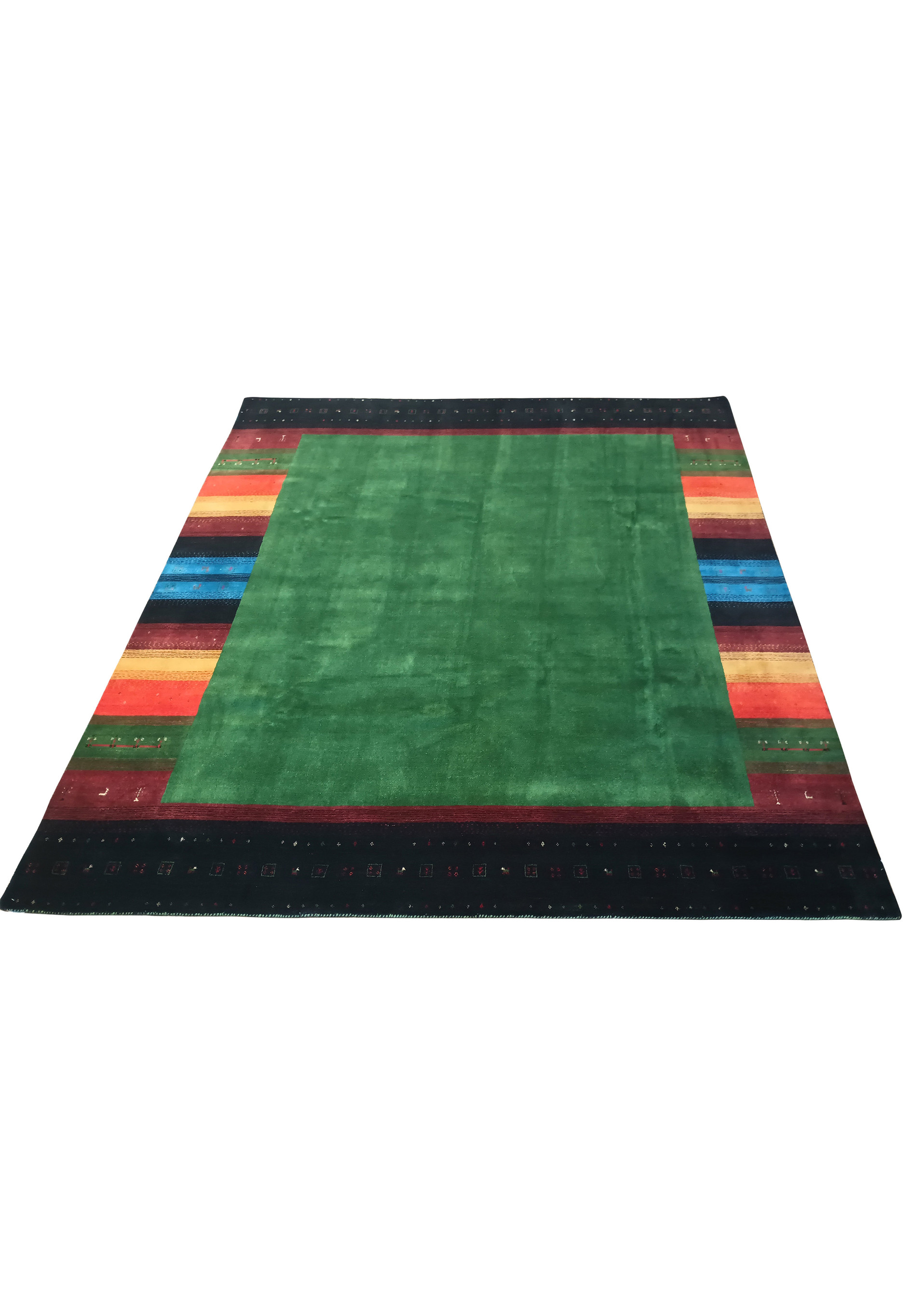 Laid down view of 8'3" x 9'11" Gabbeh rug showing the complete design with colorful borders.