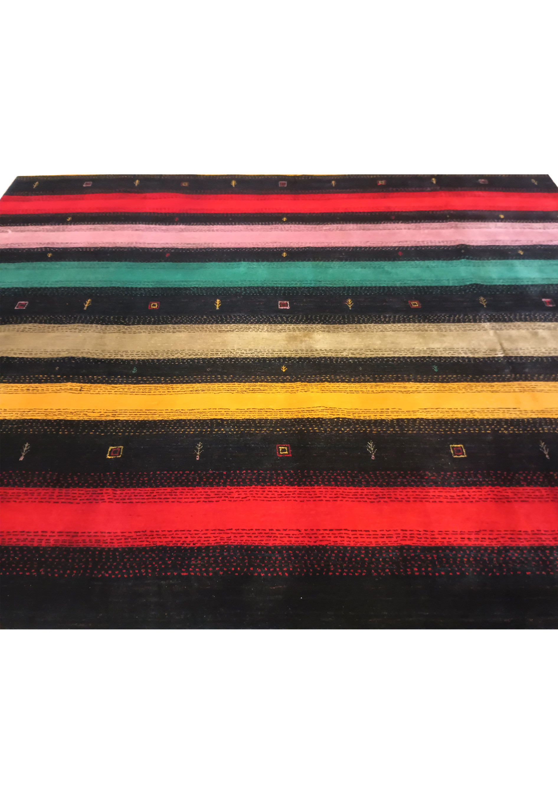 Upper part of 8'3" x 9'11" colorful Gabbeh rug with traditional motifs.