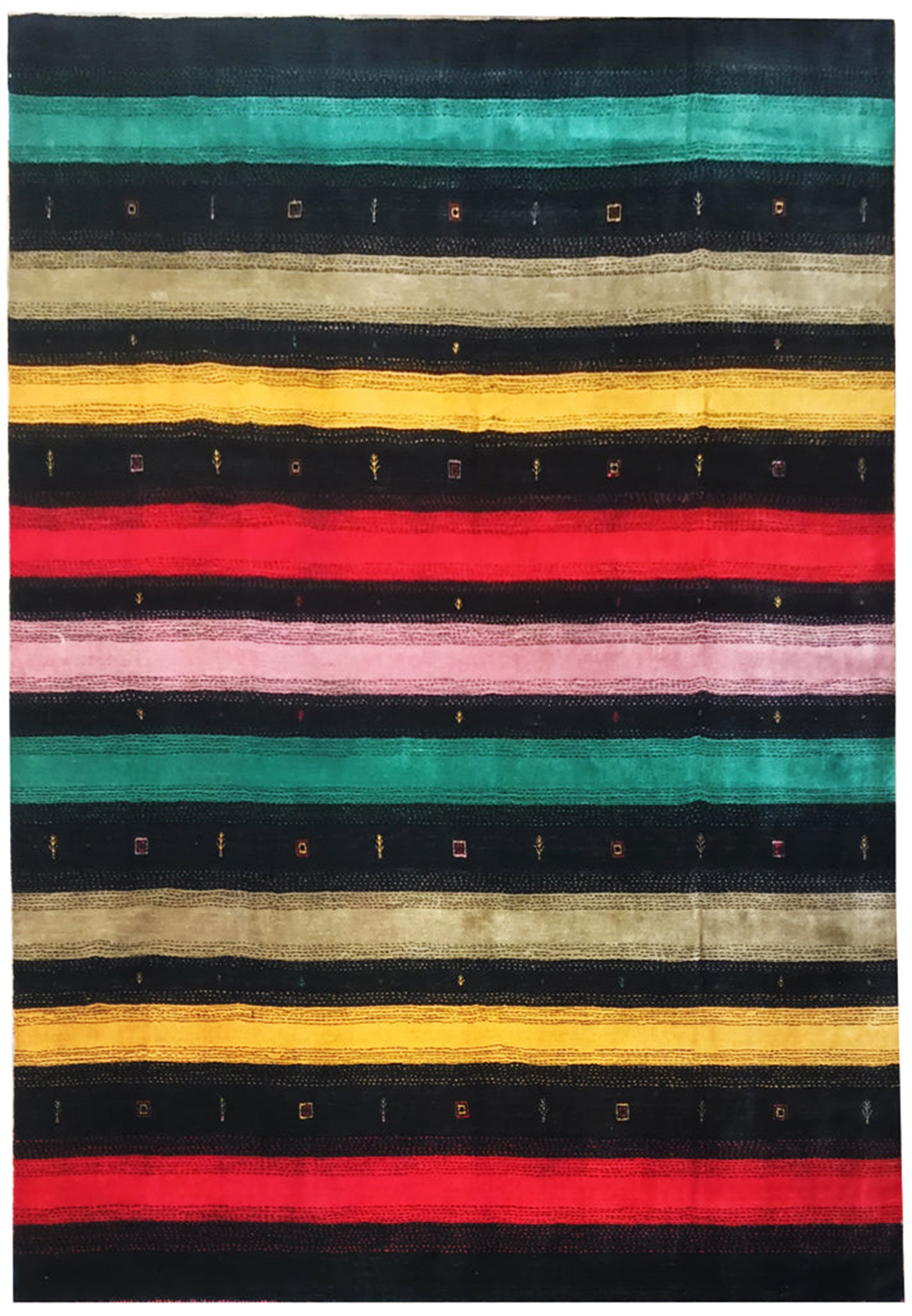 Full view of 8'3" x 9'11" colorful Gabbeh rug with vibrant stripes.