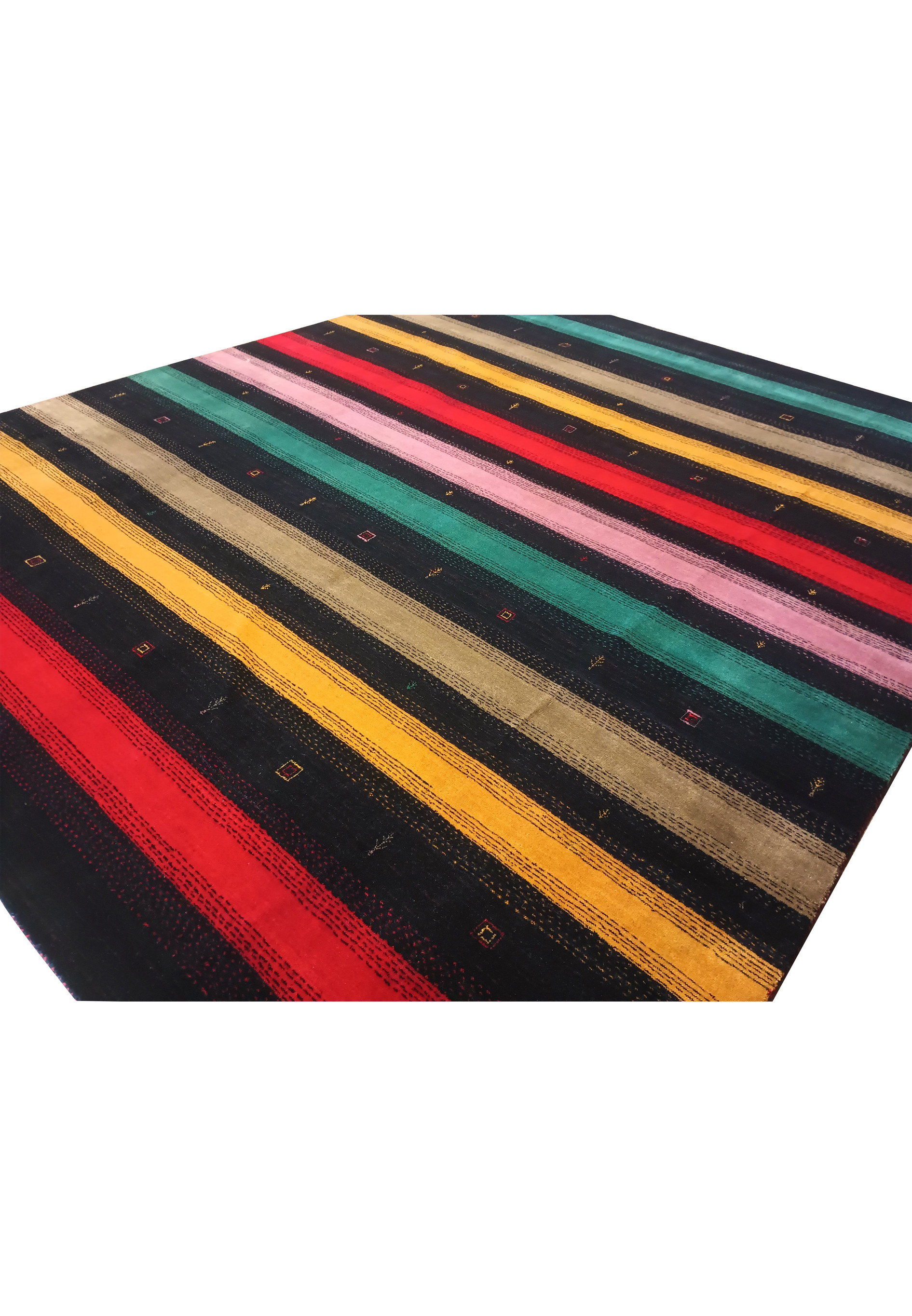 Angled view of 8'3" x 9'11" Gabbeh rug highlighting its vibrant striped design.