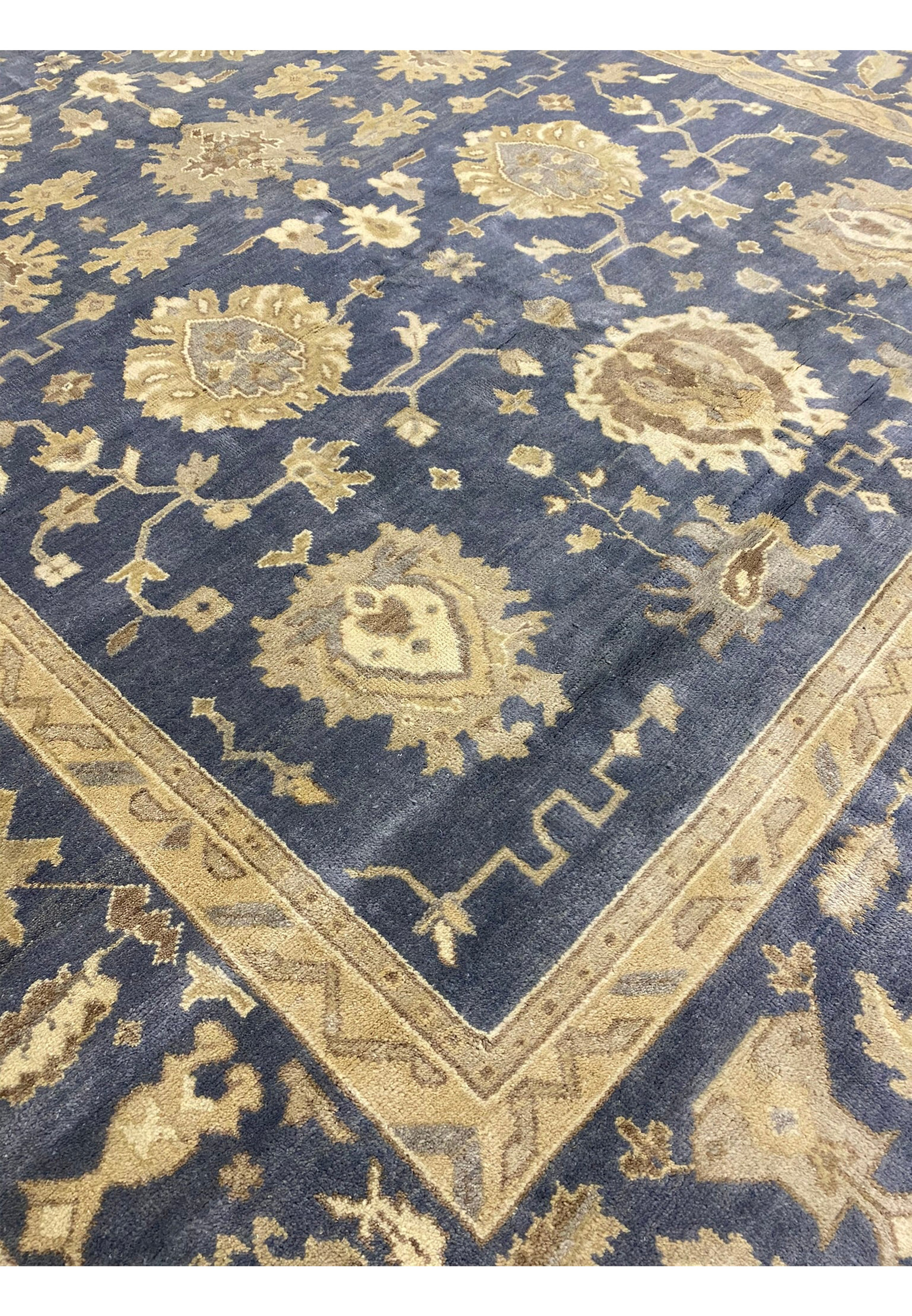 Detailed border view of 10'2" x 20' Chobi Rug with golden motifs