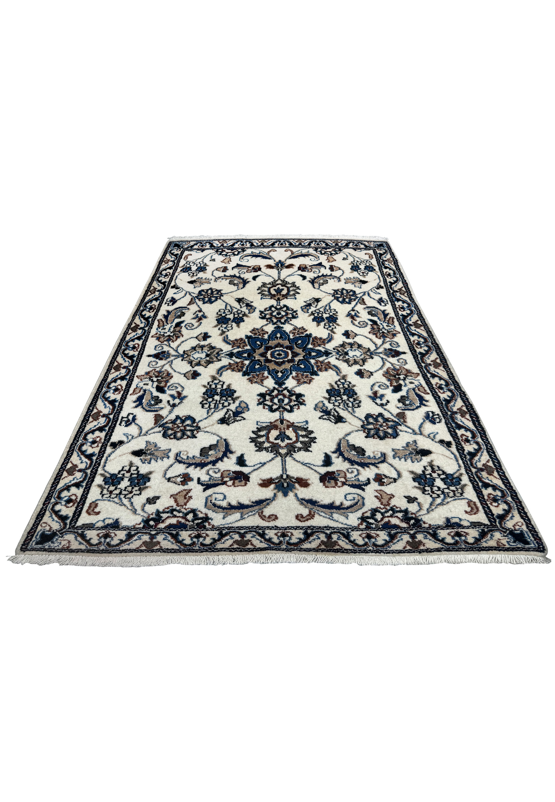 Full view of 3 x 4'4 Persian Nain Rug laid flat, showcasing its intricate floral motifs and balanced design.