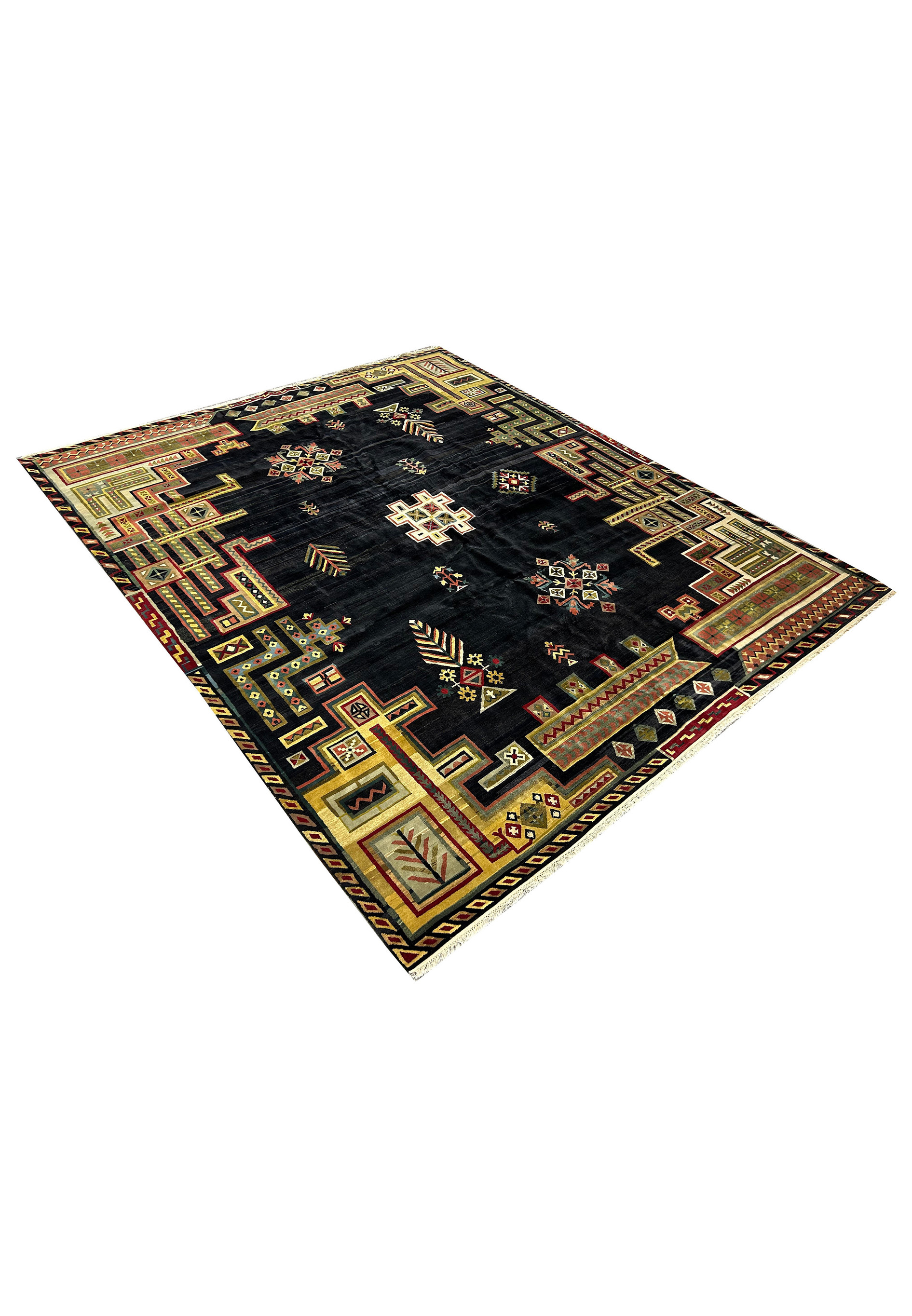 Angled view of the 11'9" x 14'4" Modern Tribal Gabbeh Rug, showcasing the geometric design and color contrasts.