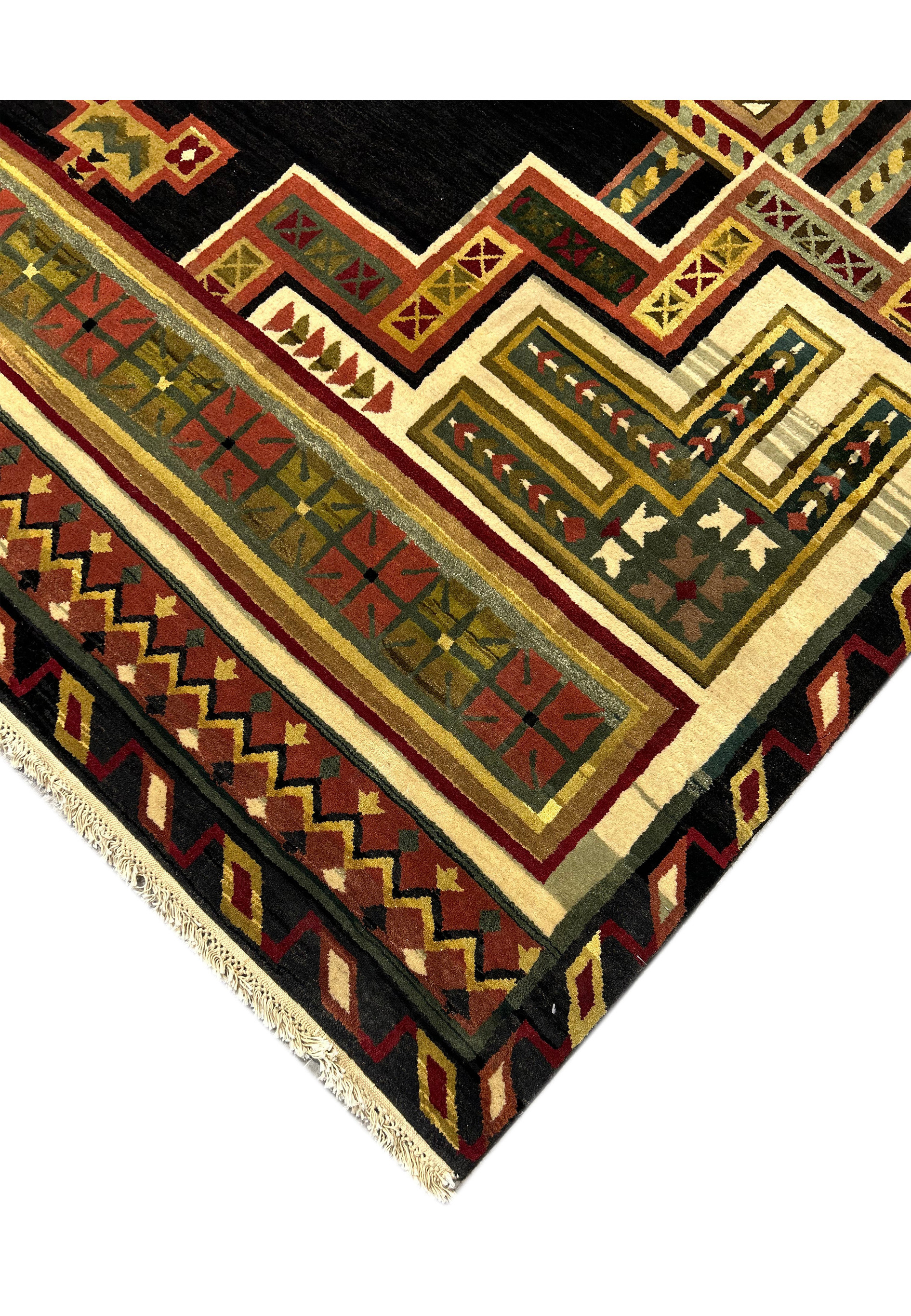 Edge view of the 11'9" x 14'4" Modern Tribal Gabbeh Rug, showing the precise craftsmanship and fringed ends.