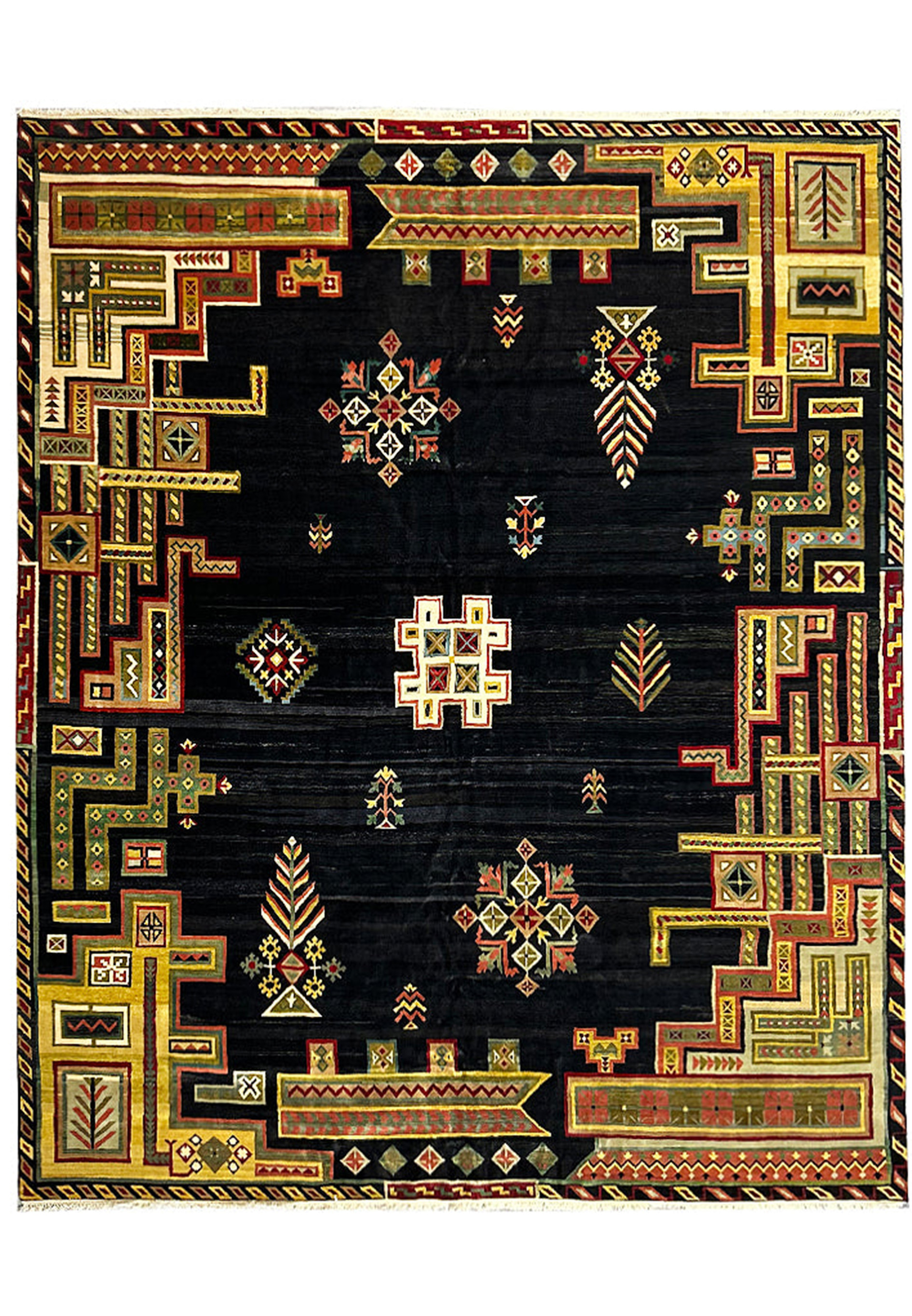 Full top view of the 11'9" x 14'4" Modern Tribal Gabbeh Rug, showcasing the complete geometric and tribal pattern.