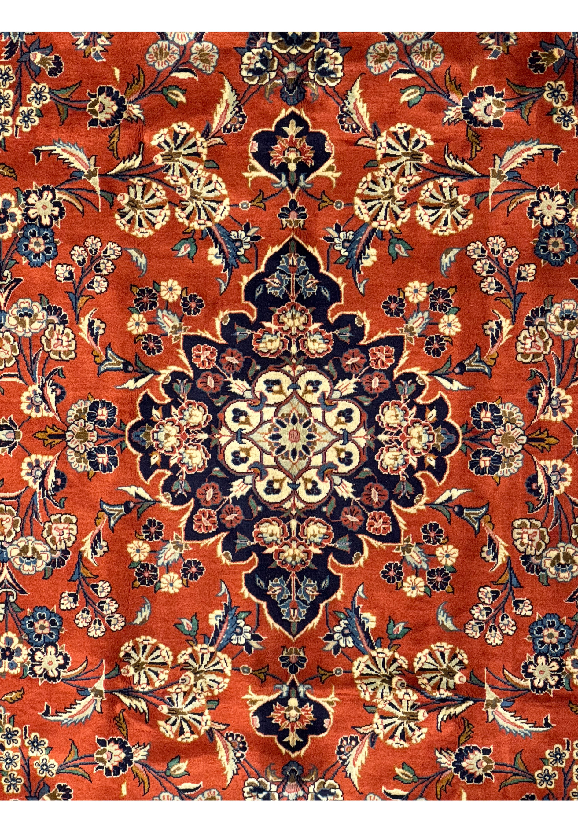 Close-up of the central medallion on the 6'6 x 10'2 Persian Sarough Rug, highlighting intricate floral motifs and fine craftsmanship.