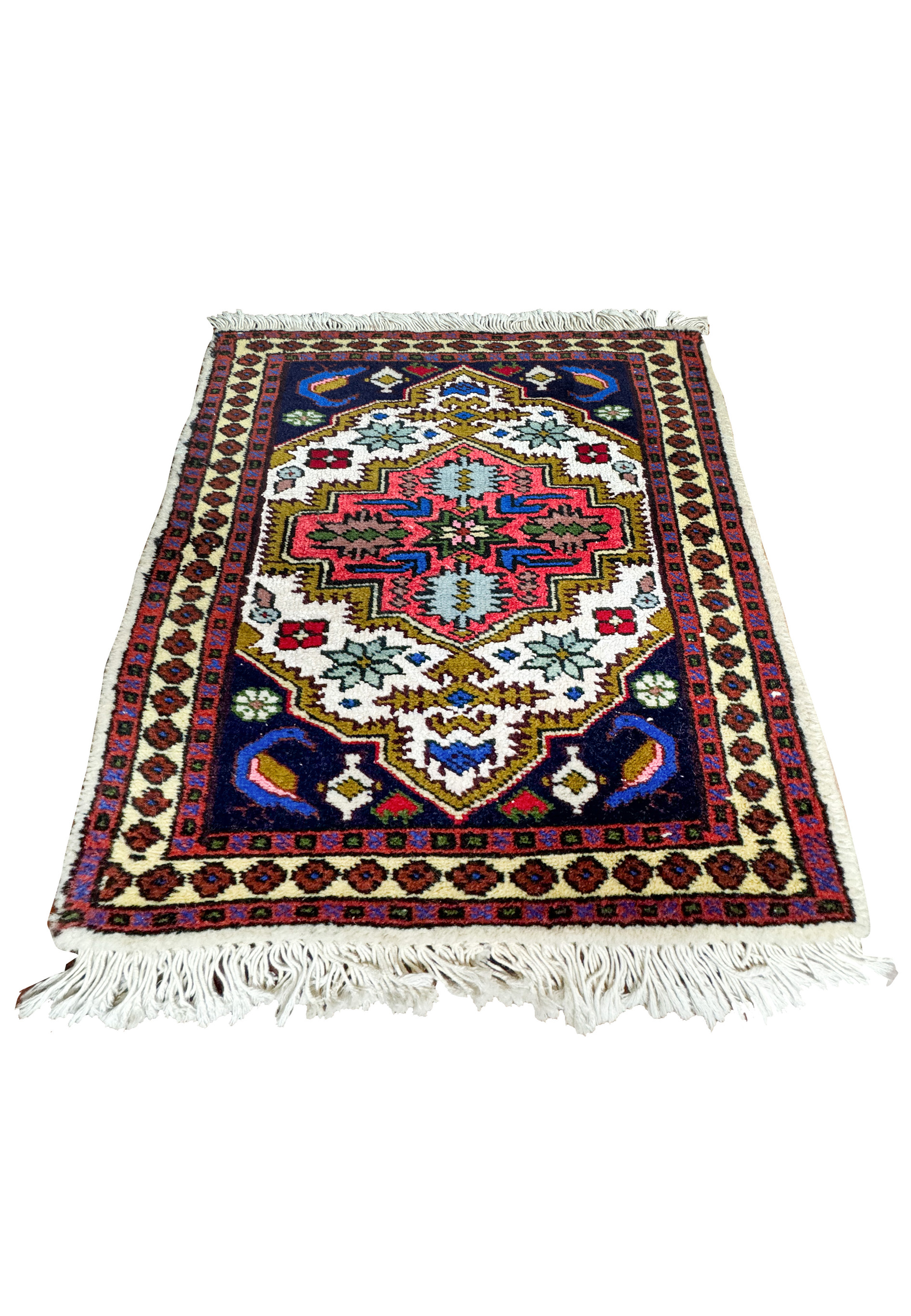 Laid flat view of 1'3 x 2' Persian Ardebil Baby Rug showcasing its vibrant geometric floral design with rich colors.